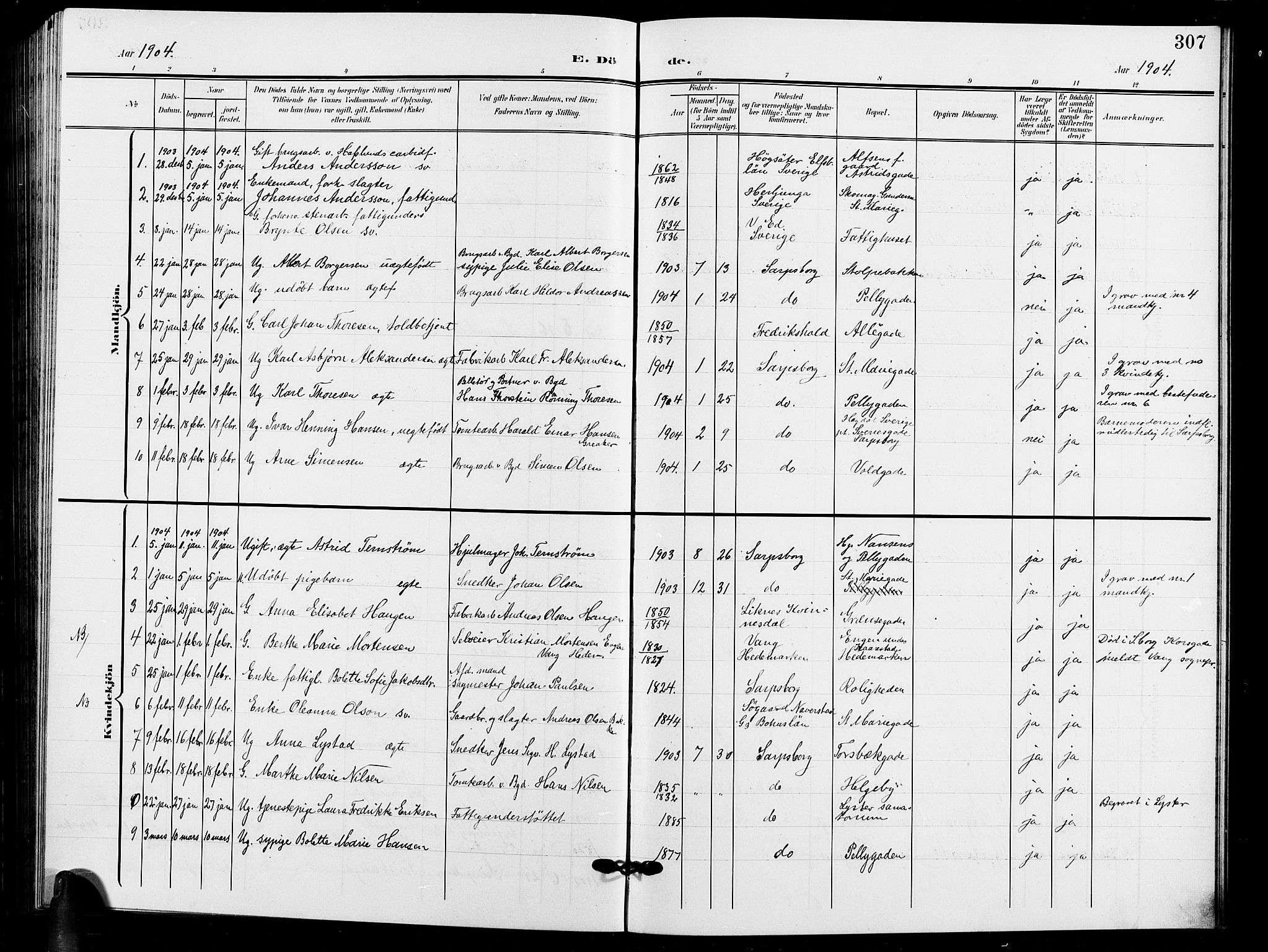 Sarpsborg prestekontor Kirkebøker, SAO/A-2006/G/Ga/L0001: Parish register (copy) no. 1, 1902-1911, p. 307