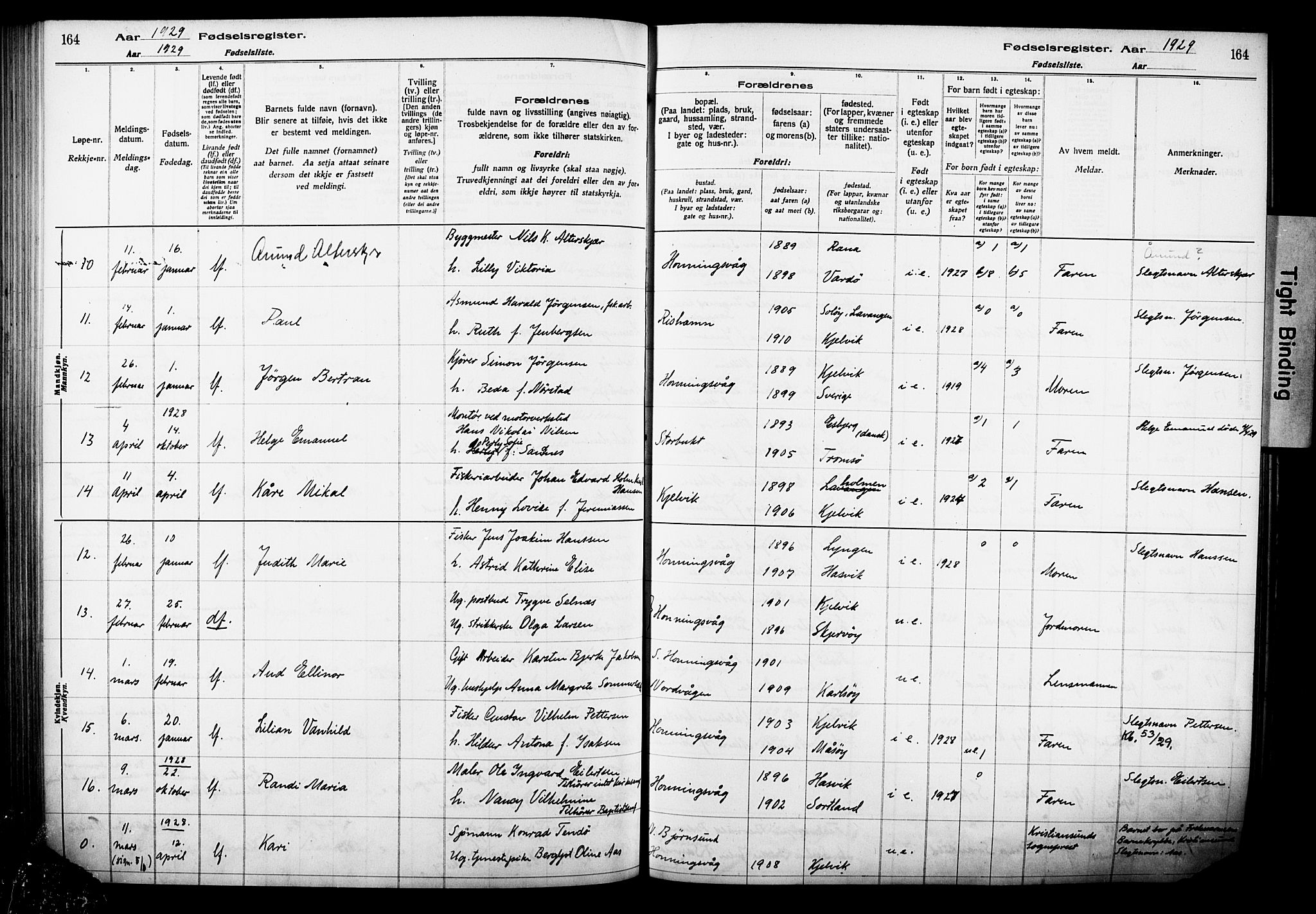 Kjelvik/Nordkapp sokneprestkontor, AV/SATØ-S-1350/I/Ia/L0015: Birth register no. 15, 1916-1930, p. 164