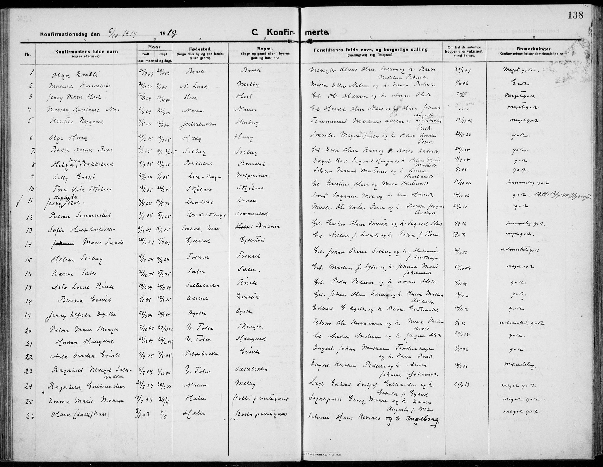 Kolbu prestekontor, SAH/PREST-110/H/Ha/Haa/L0002: Parish register (official) no. 2, 1912-1926, p. 138