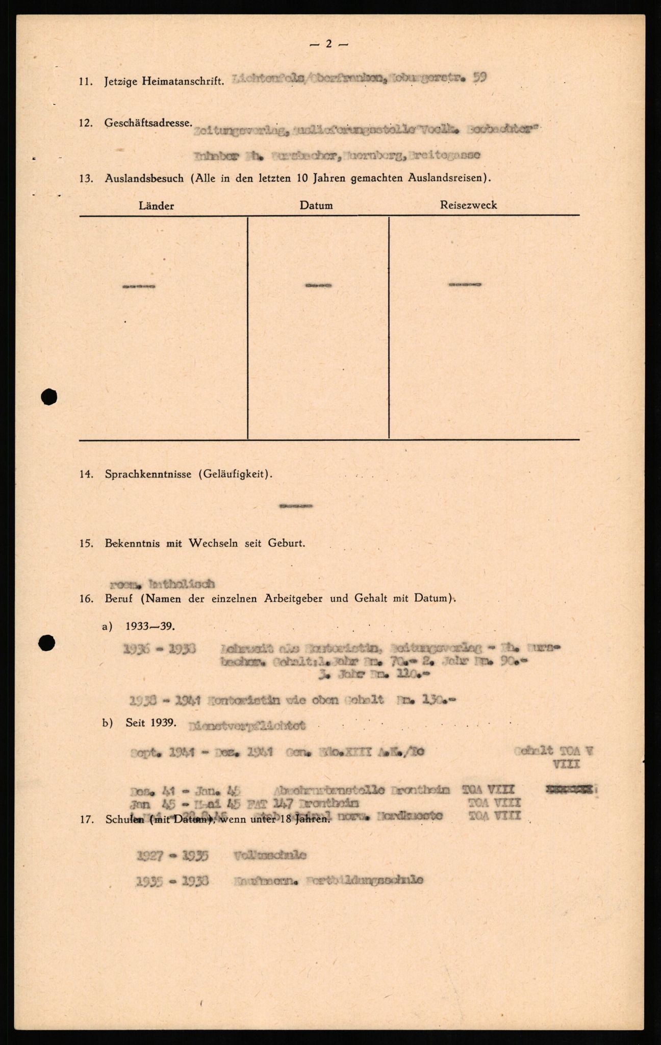 Forsvaret, Forsvarets overkommando II, RA/RAFA-3915/D/Db/L0020: CI Questionaires. Tyske okkupasjonsstyrker i Norge. Tyskere., 1945-1946, p. 125