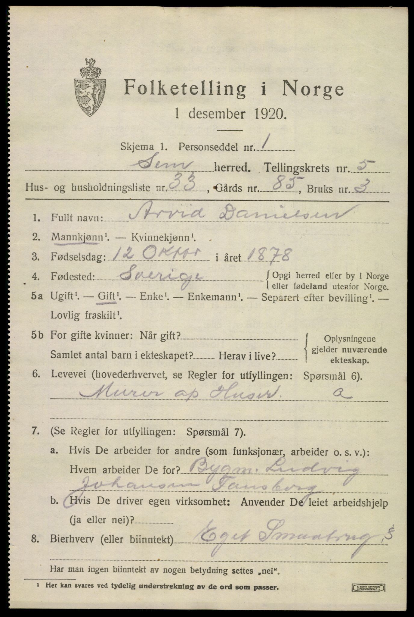 SAKO, 1920 census for Sem, 1920, p. 8155