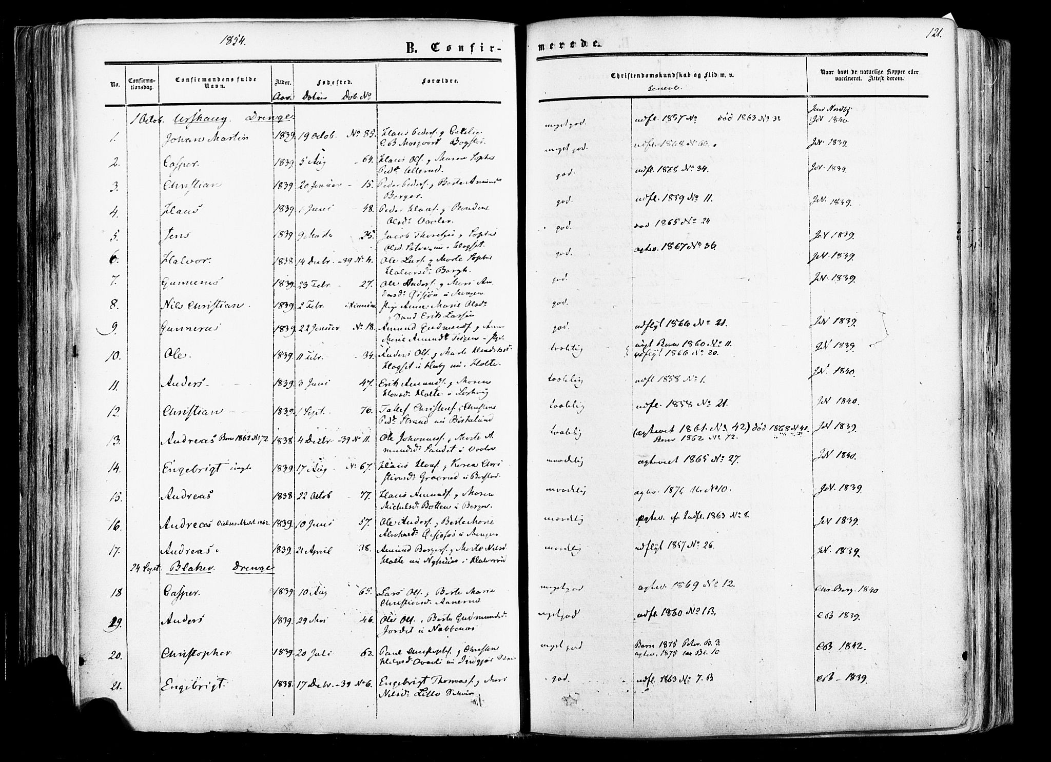 Aurskog prestekontor Kirkebøker, SAO/A-10304a/F/Fa/L0007: Parish register (official) no. I 7, 1854-1877, p. 121