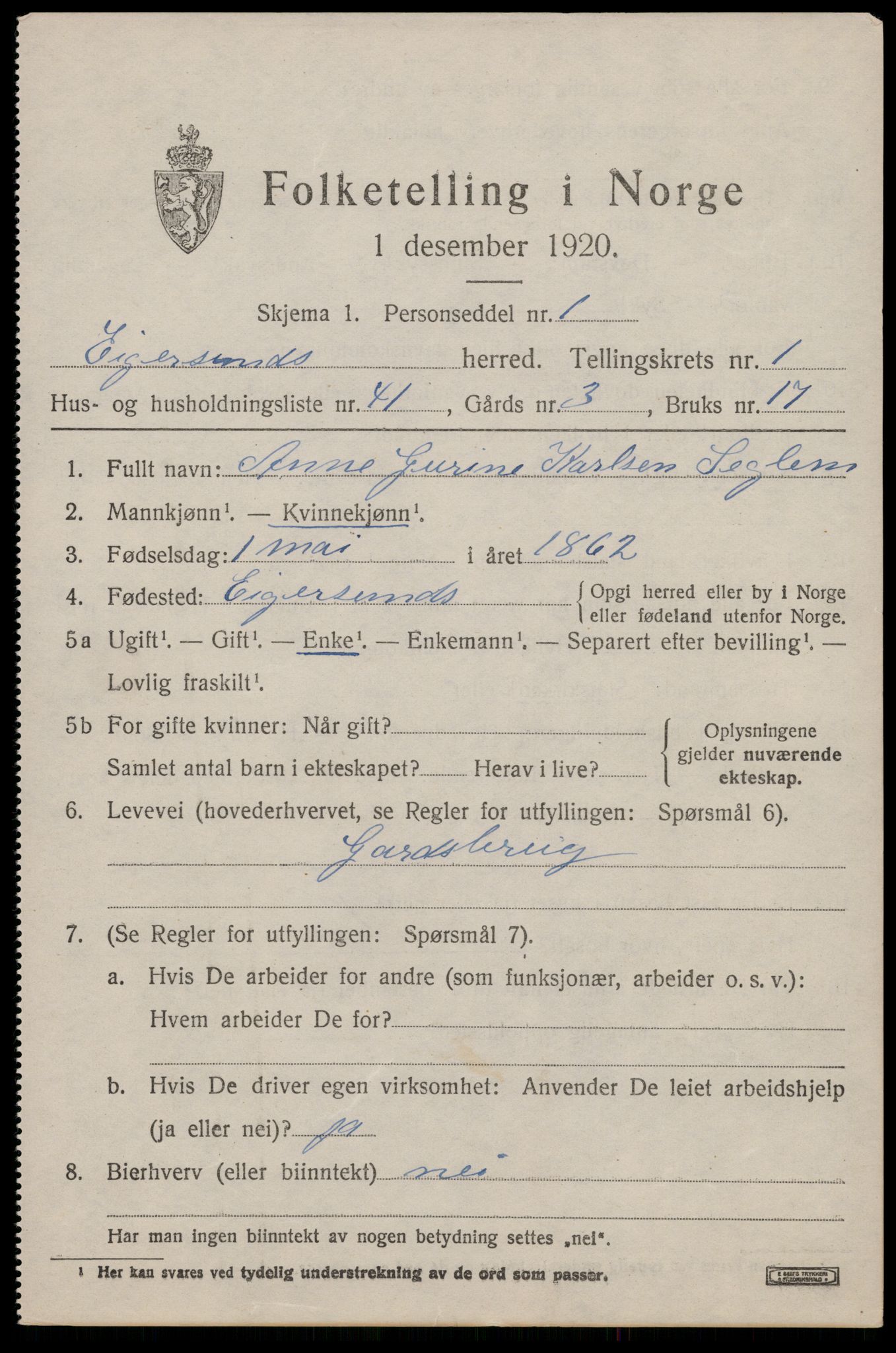 SAST, 1920 census for Eigersund, 1920, p. 1615