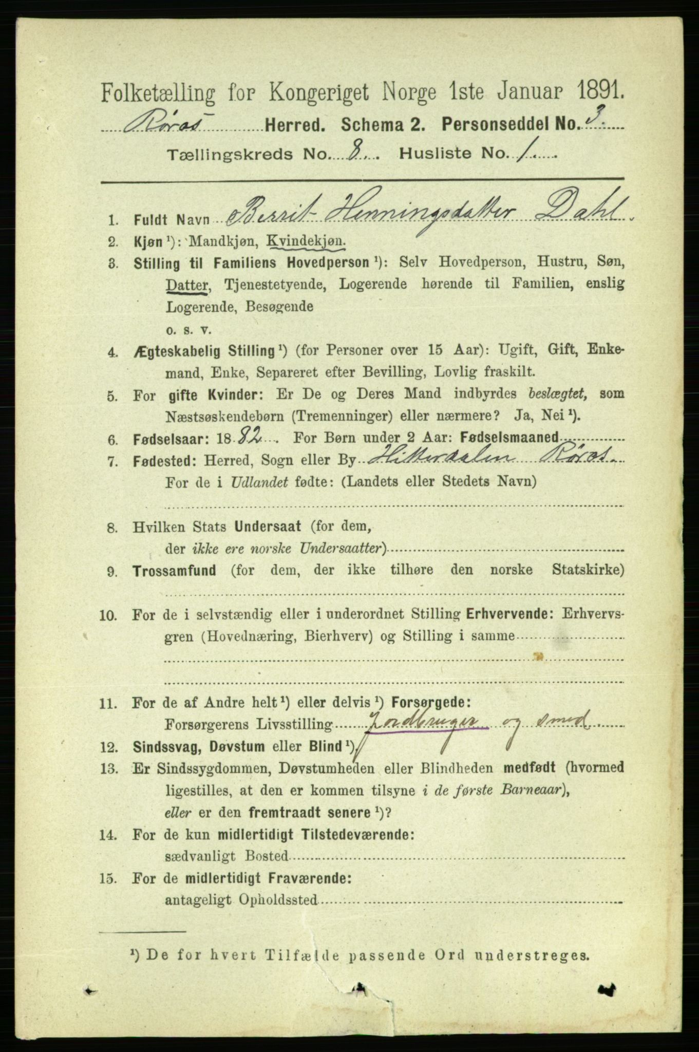 RA, 1891 census for 1640 Røros, 1891, p. 1607