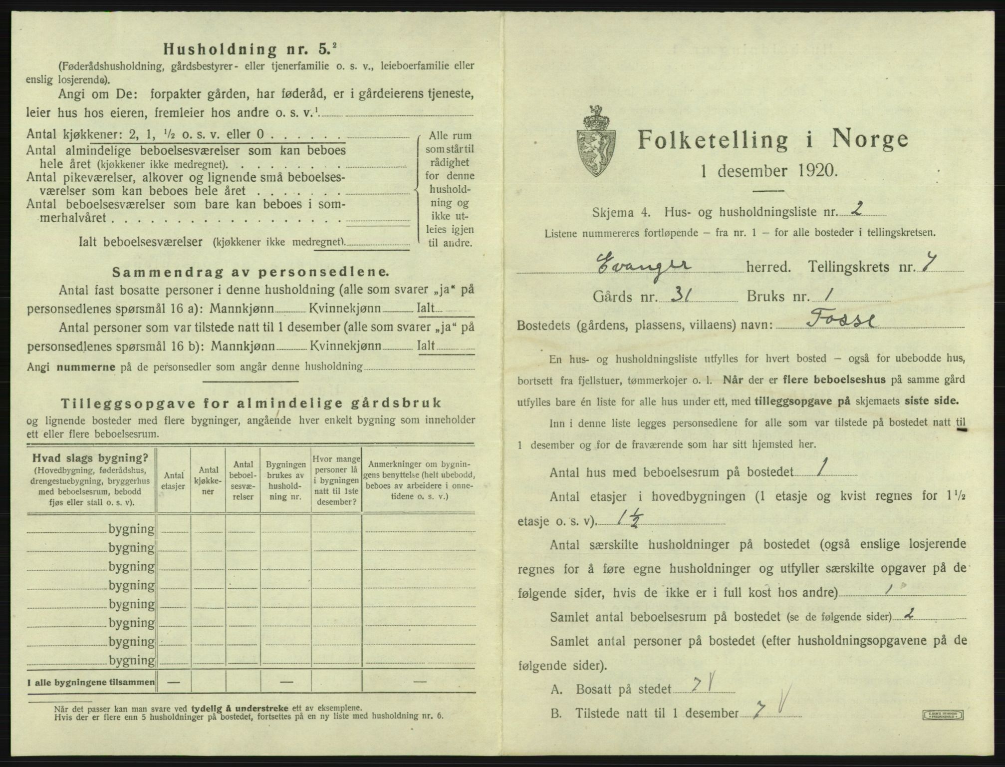 SAB, 1920 census for Evanger, 1920, p. 343