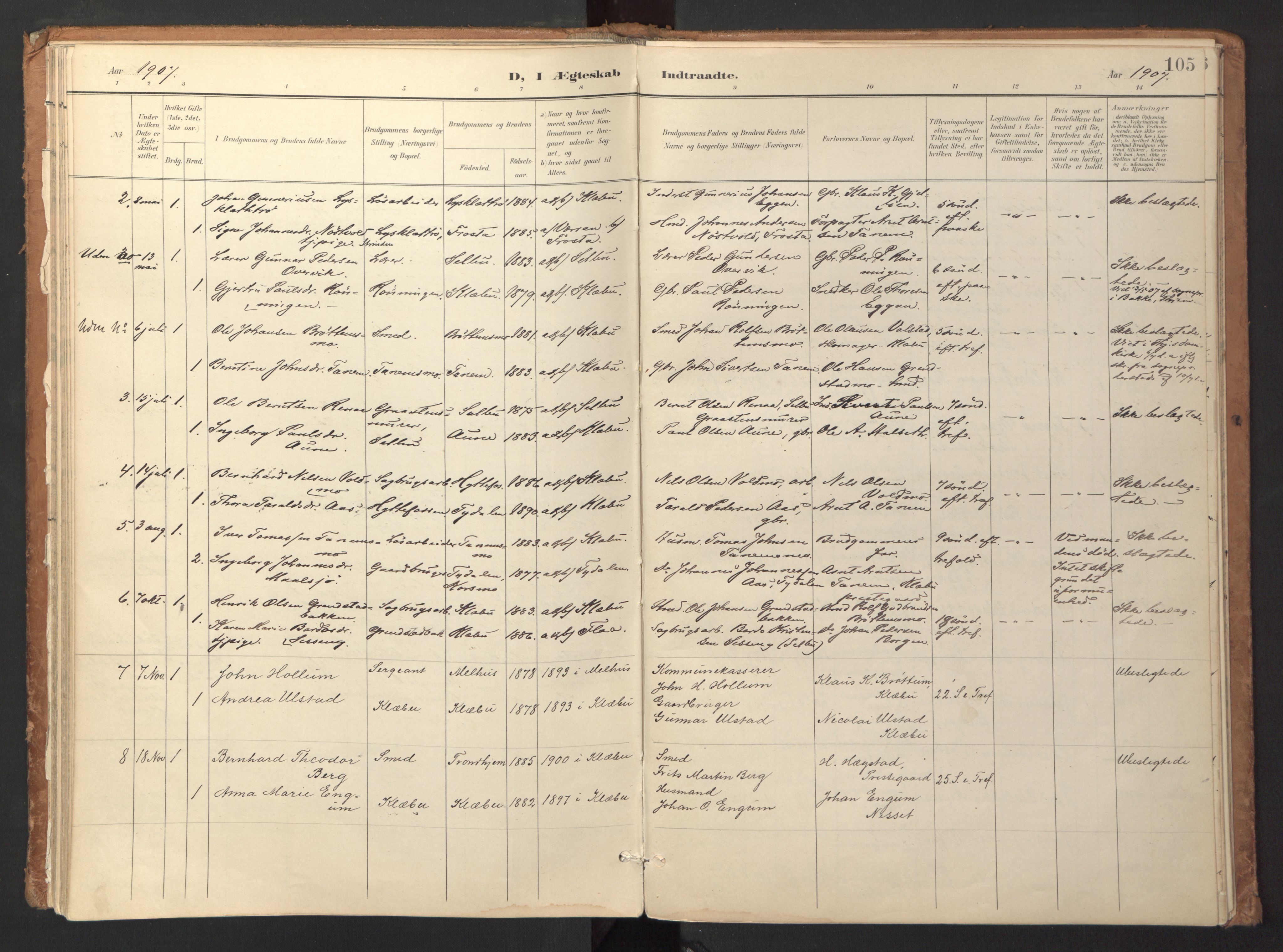 Ministerialprotokoller, klokkerbøker og fødselsregistre - Sør-Trøndelag, SAT/A-1456/618/L0448: Parish register (official) no. 618A11, 1898-1916, p. 105