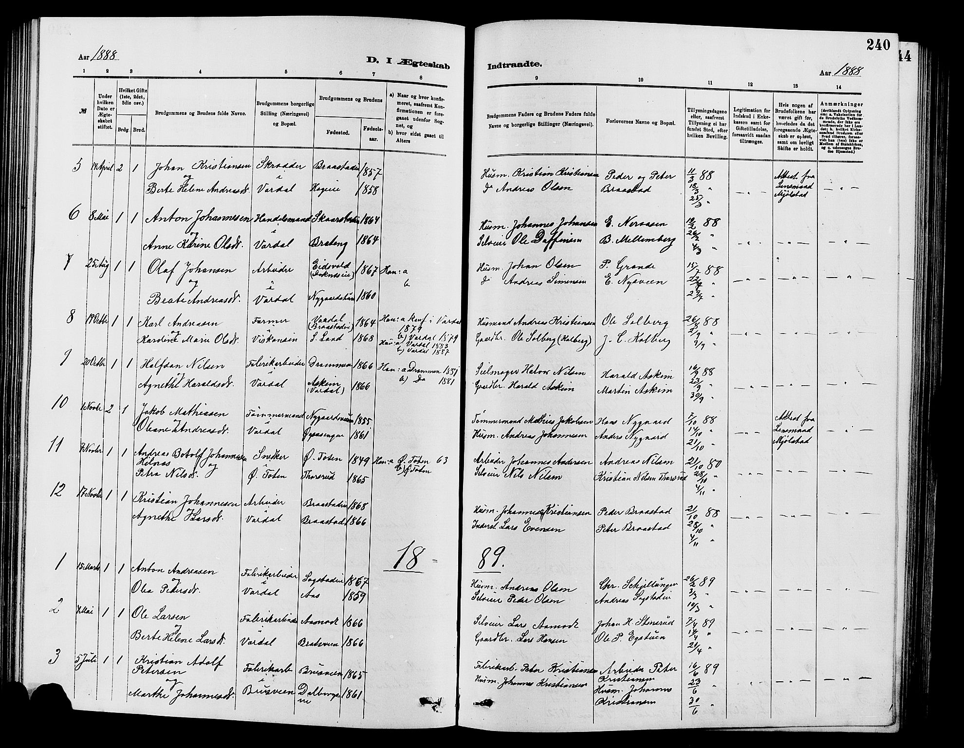 Vardal prestekontor, SAH/PREST-100/H/Ha/Hab/L0007: Parish register (copy) no. 7 /1, 1881-1895, p. 240