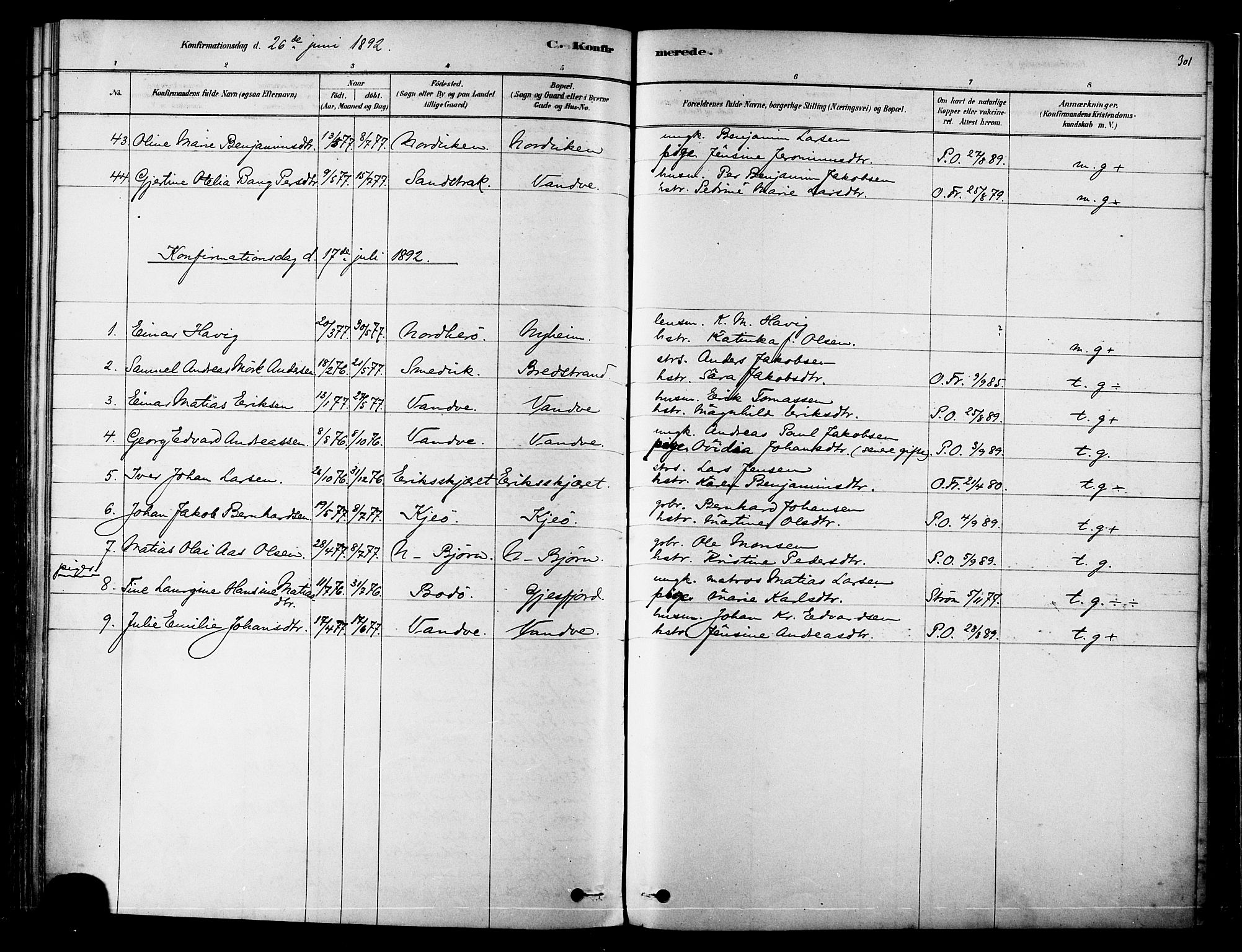 Ministerialprotokoller, klokkerbøker og fødselsregistre - Nordland, AV/SAT-A-1459/834/L0507: Parish register (official) no. 834A05, 1878-1892, p. 301