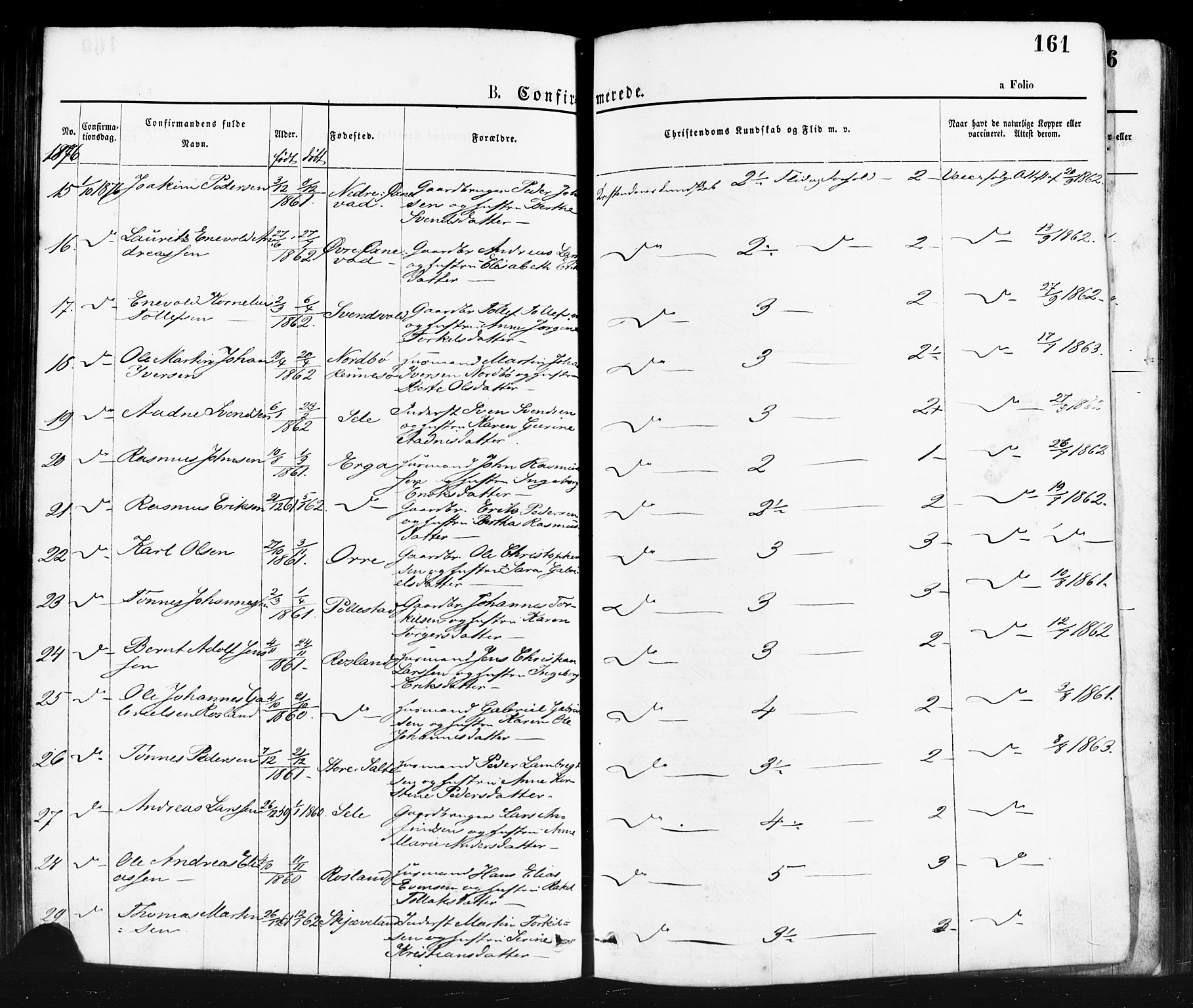 Klepp sokneprestkontor, AV/SAST-A-101803/001/3/30BA/L0006: Parish register (official) no. A 6, 1871-1885, p. 161