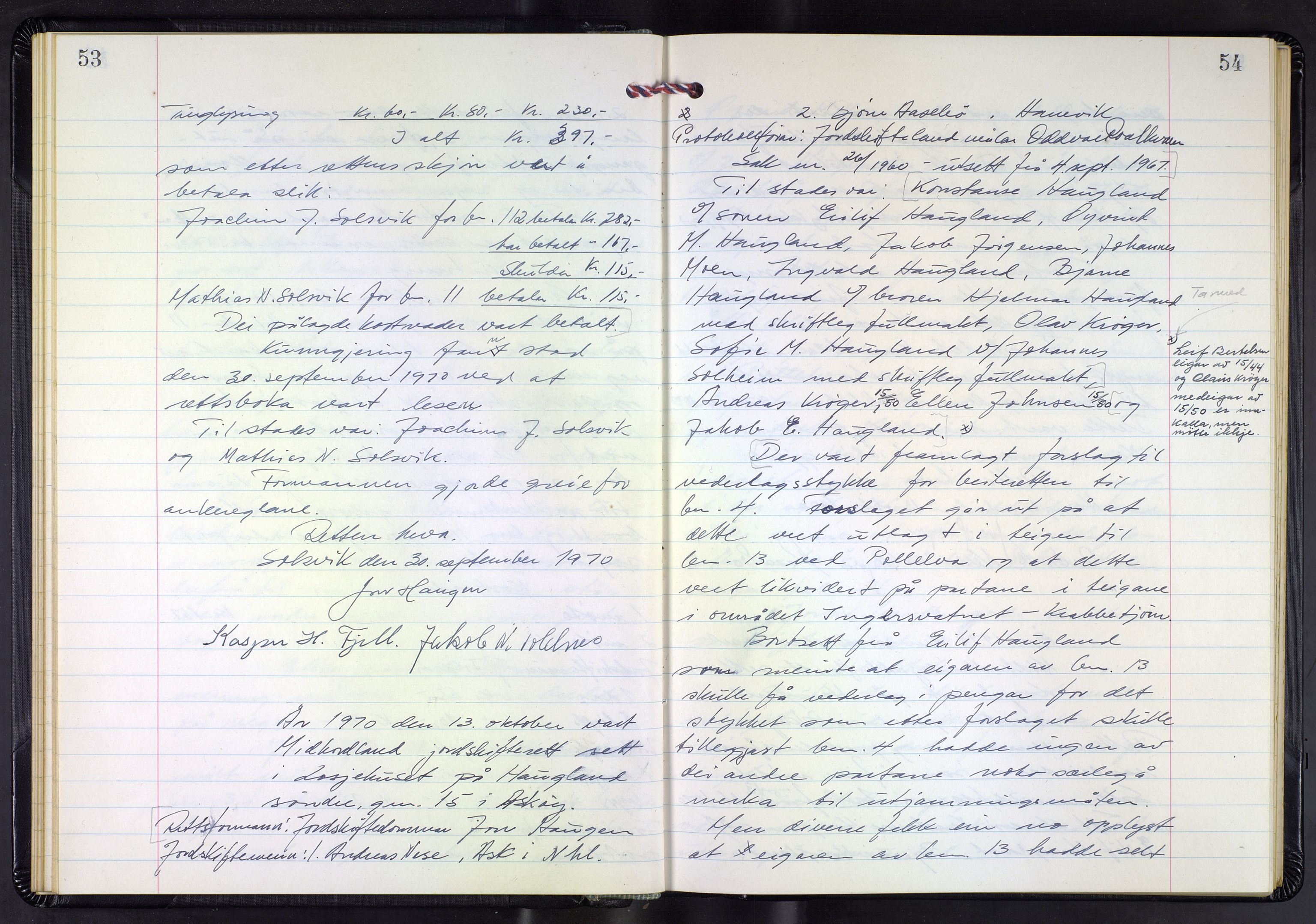 Hordaland jordskiftedøme - III Midhordland jordskiftedistrikt, AV/SAB-A-7001/A/Aa/L0043: Forhandlingsprotokoll, 1970-1973, p. 53-54