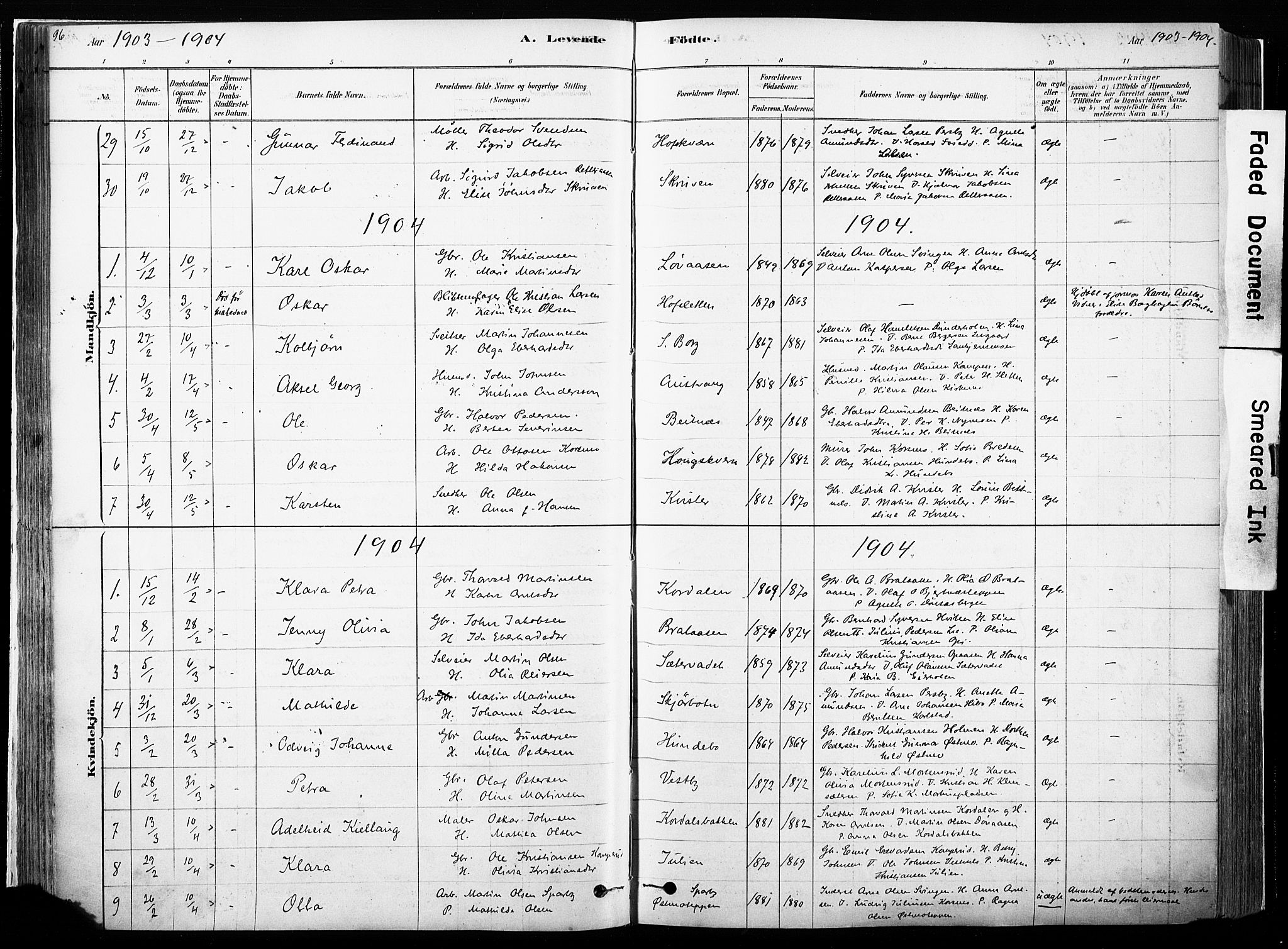Hof prestekontor, SAH/PREST-038/H/Ha/Haa/L0010: Parish register (official) no. 10, 1878-1909, p. 96