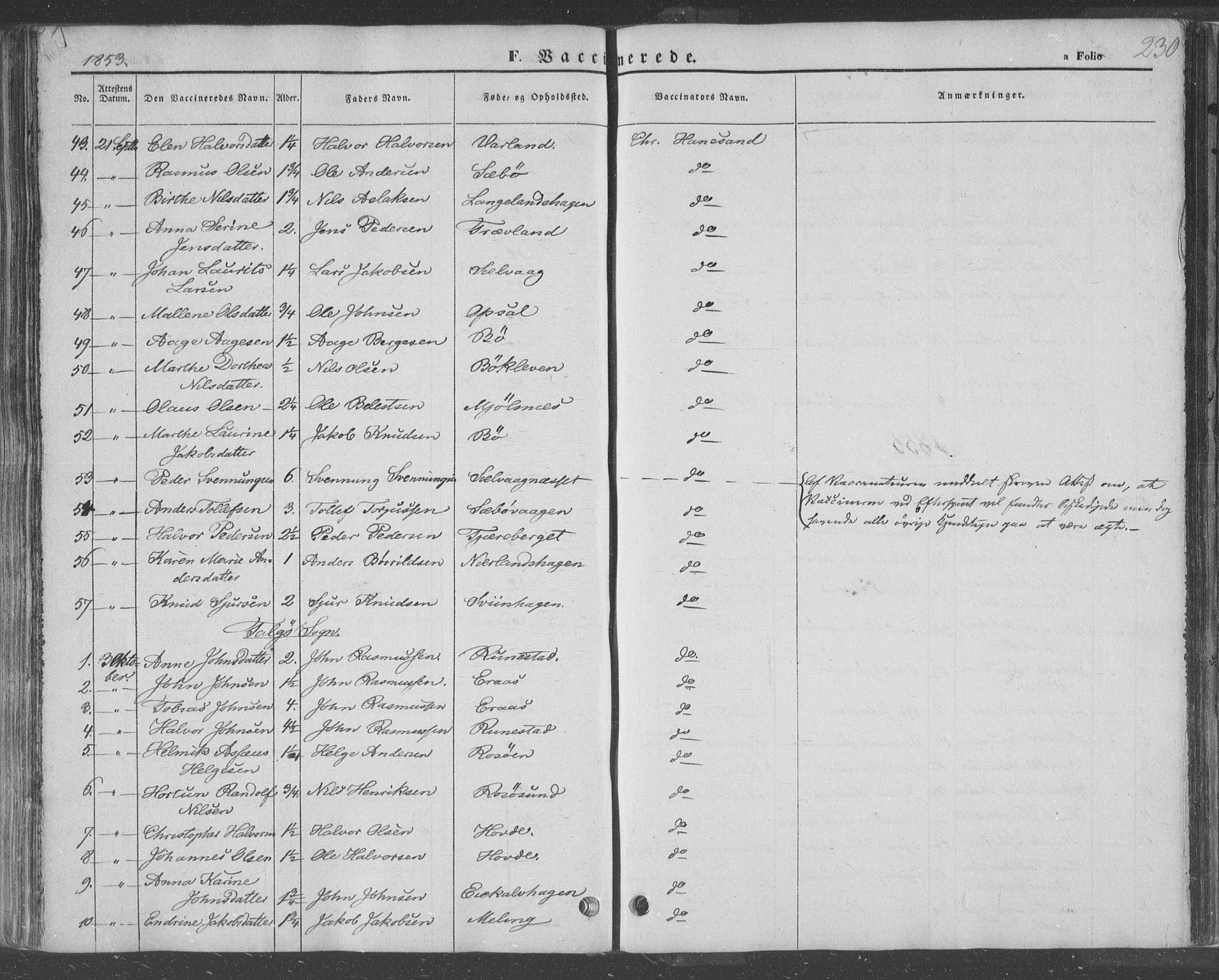 Finnøy sokneprestkontor, AV/SAST-A-101825/H/Ha/Haa/L0007: Parish register (official) no. A 7, 1847-1862, p. 230