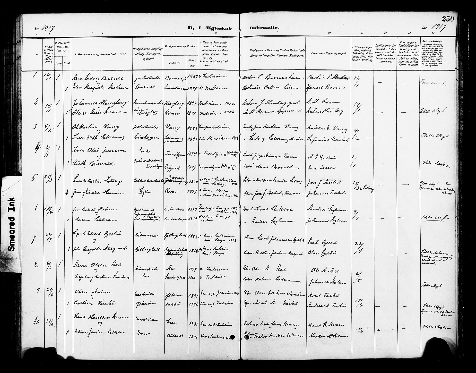 Ministerialprotokoller, klokkerbøker og fødselsregistre - Nord-Trøndelag, AV/SAT-A-1458/730/L0302: Parish register (copy) no. 730C05, 1898-1924, p. 250