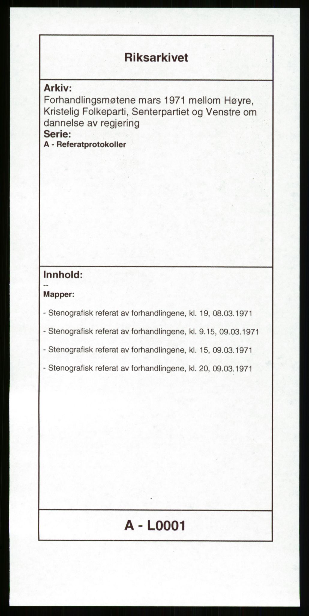 Forhandlingsmøtene mars 1971 mellom Høyre, Kristelig Folkeparti, Senterpartiet og Venstre om dannelse av regjering, AV/RA-PA-0416/A/L0001: --, 1971, p. 1