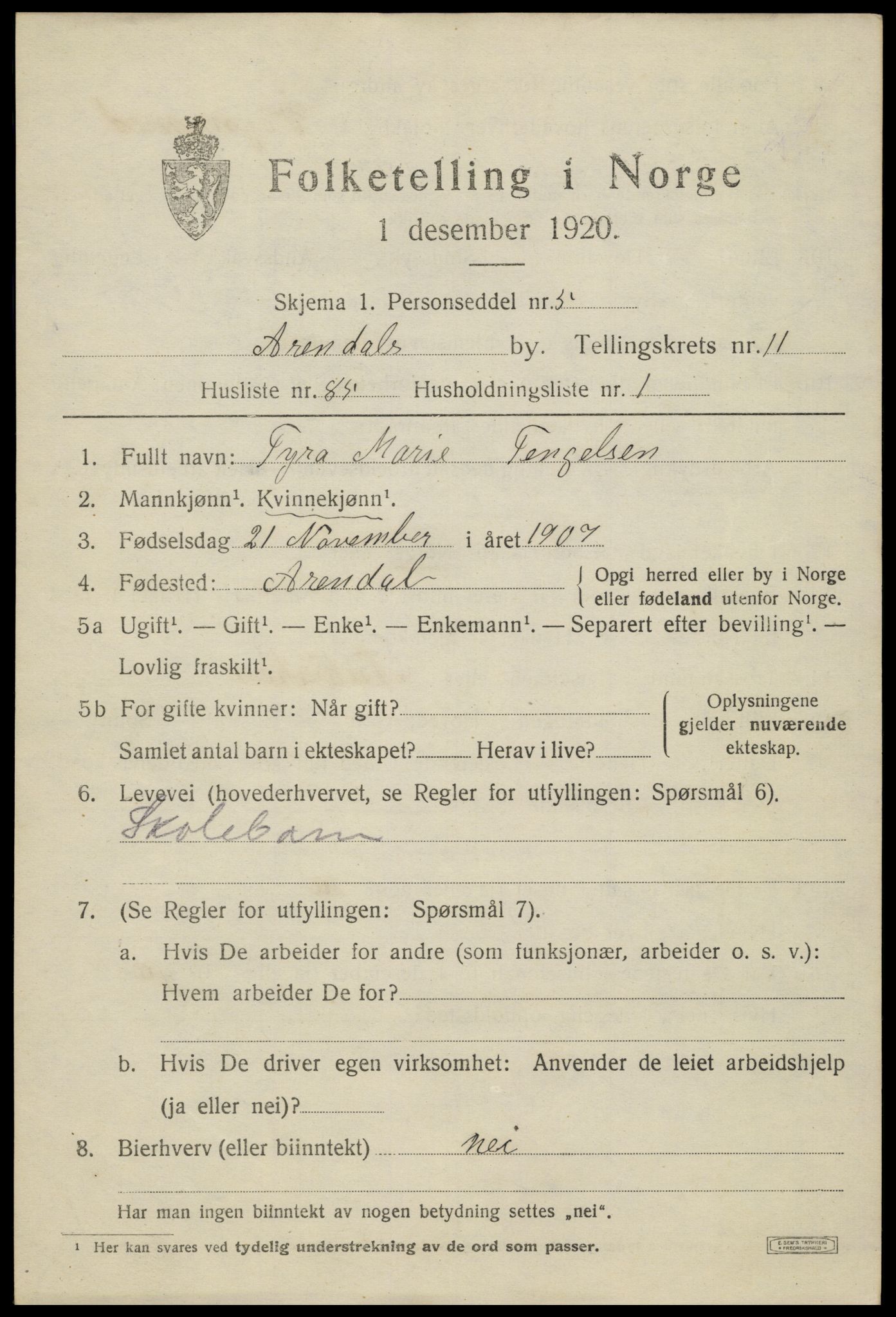 SAK, 1920 census for Arendal, 1920, p. 19046