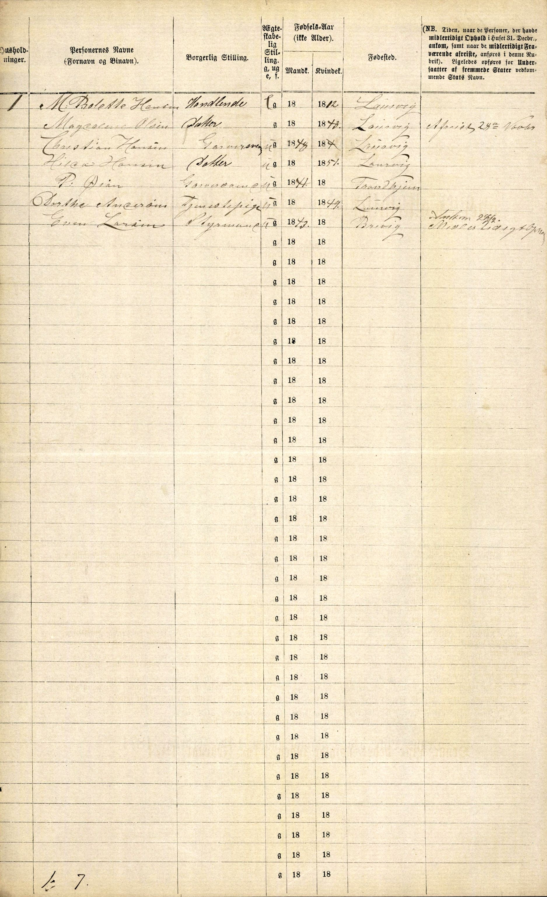 RA, 1870 census for 0707 Larvik, 1870, p. 416