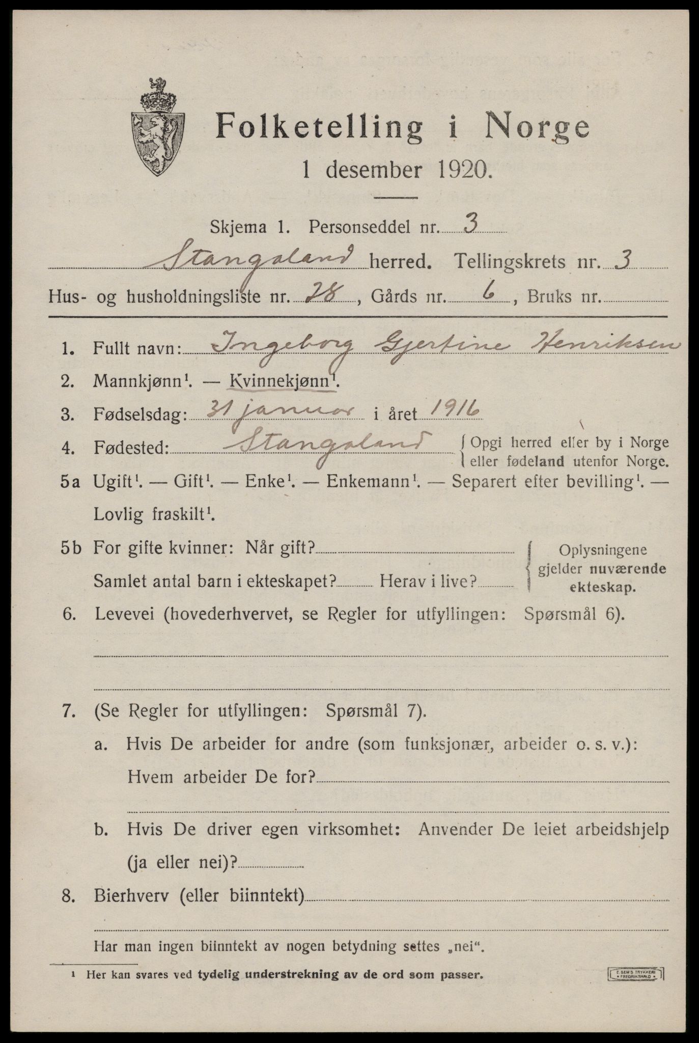 SAST, 1920 census for Stangaland, 1920, p. 2585