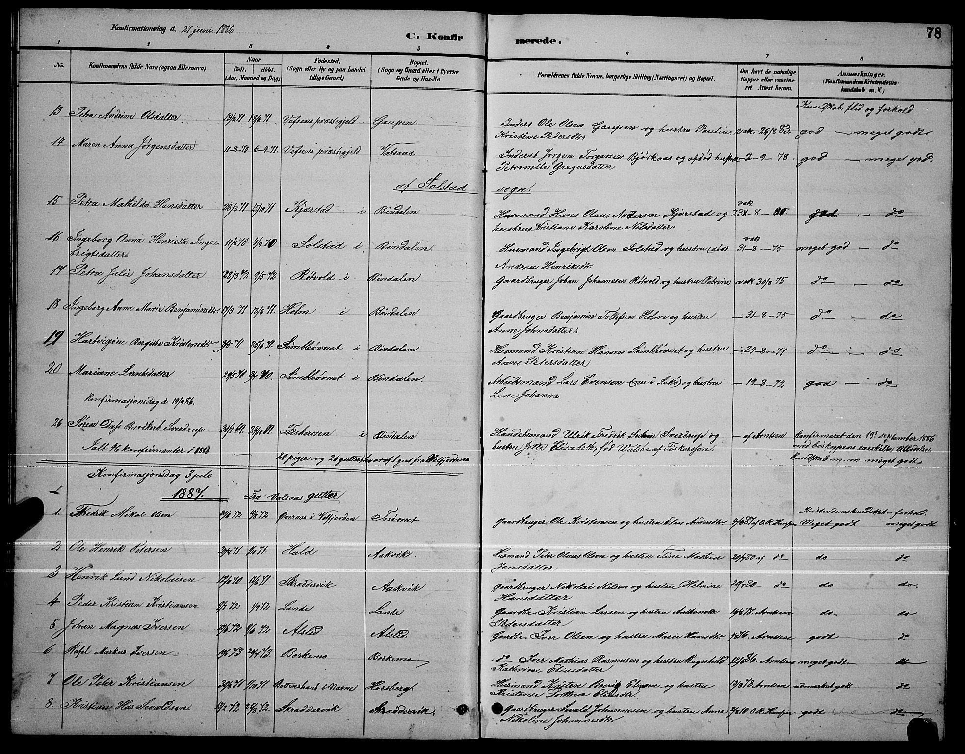 Ministerialprotokoller, klokkerbøker og fødselsregistre - Nordland, SAT/A-1459/810/L0160: Parish register (copy) no. 810C03, 1884-1896, p. 78