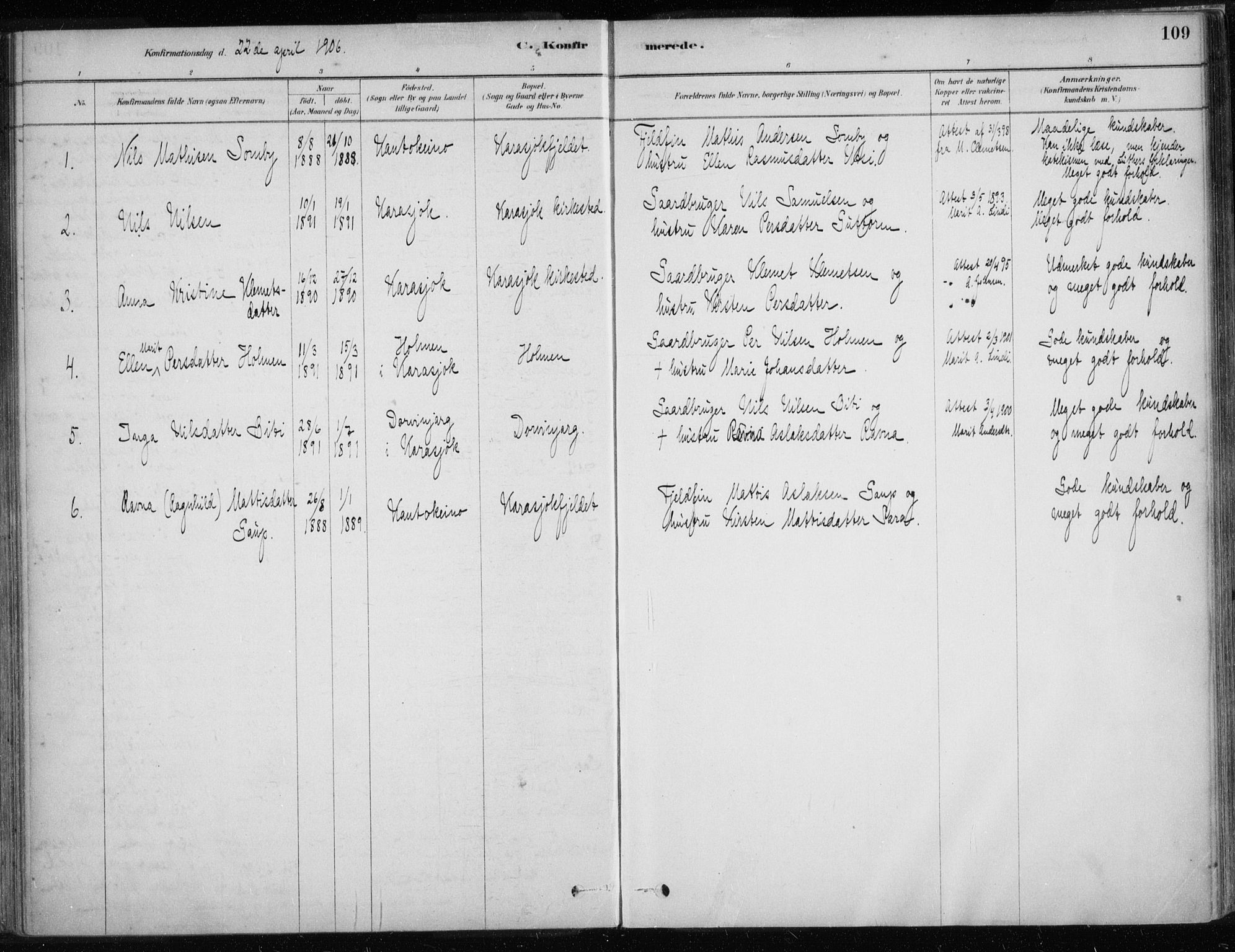 Karasjok sokneprestkontor, SATØ/S-1352/H/Ha/L0002kirke: Parish register (official) no. 2, 1885-1906, p. 109