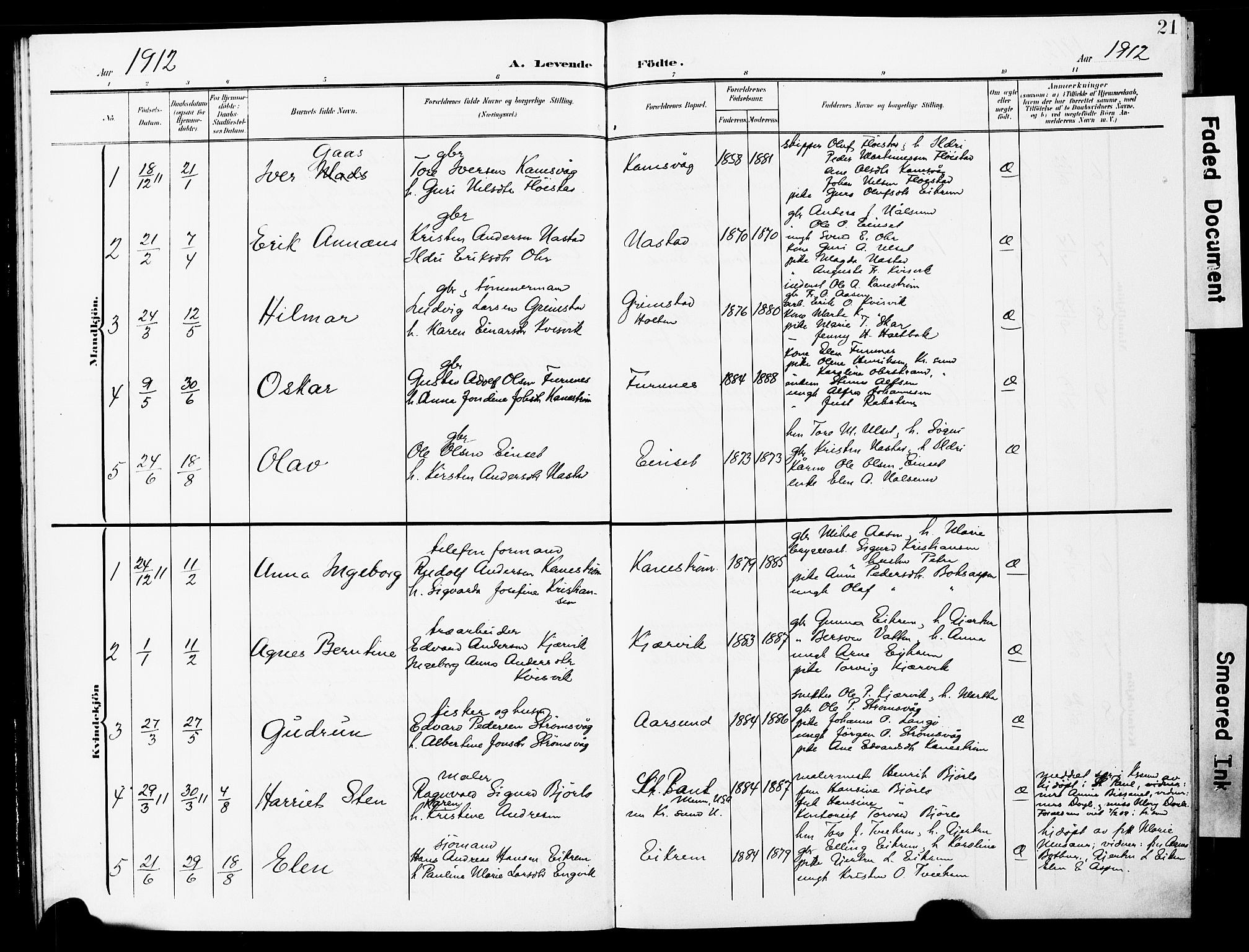 Ministerialprotokoller, klokkerbøker og fødselsregistre - Møre og Romsdal, AV/SAT-A-1454/587/L1001: Parish register (copy) no. 587C01, 1906-1927, p. 21