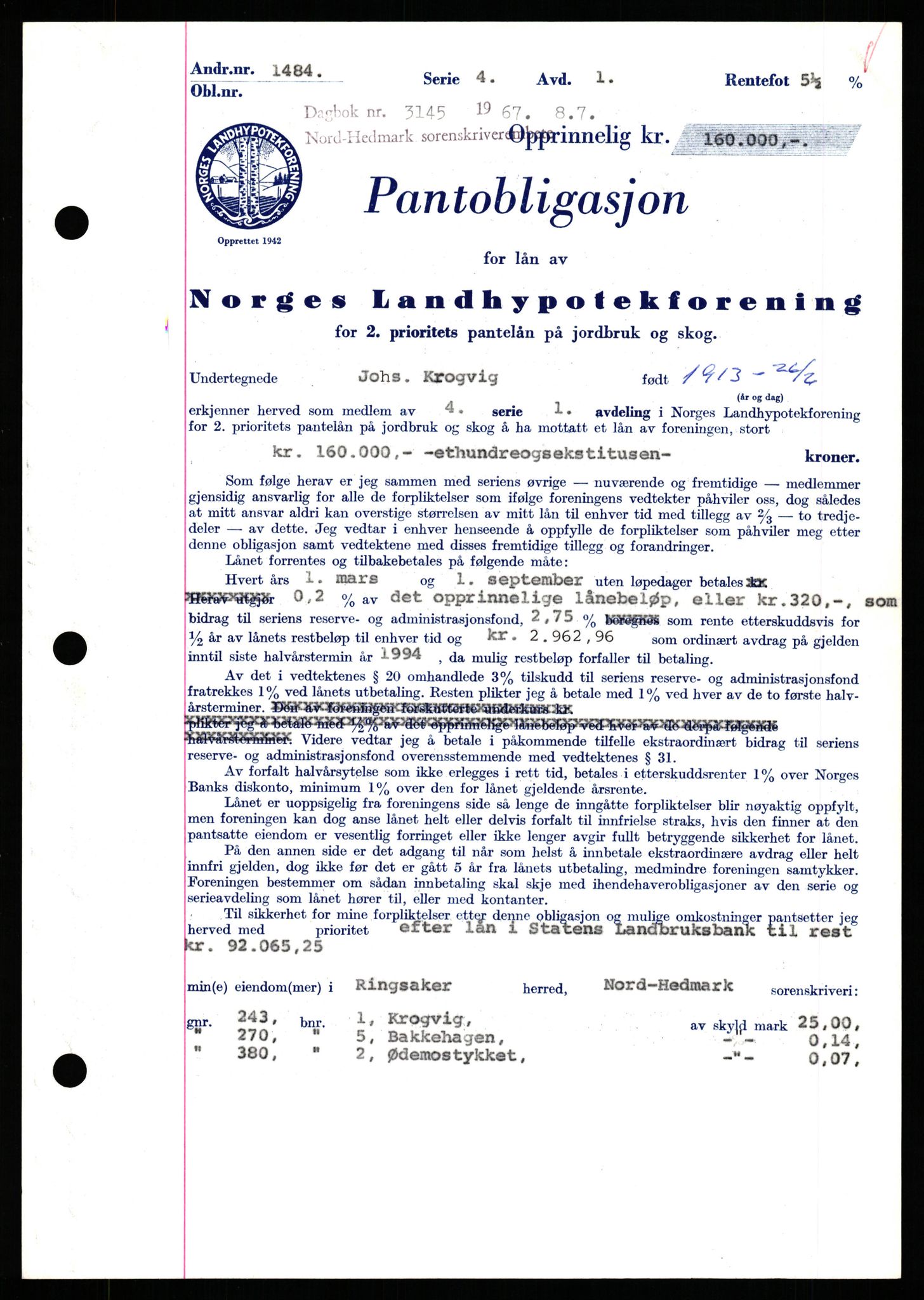 Nord-Hedmark sorenskriveri, SAH/TING-012/H/Hb/Hbf/L0071: Mortgage book no. B71, 1967-1967, Diary no: : 3145/1967