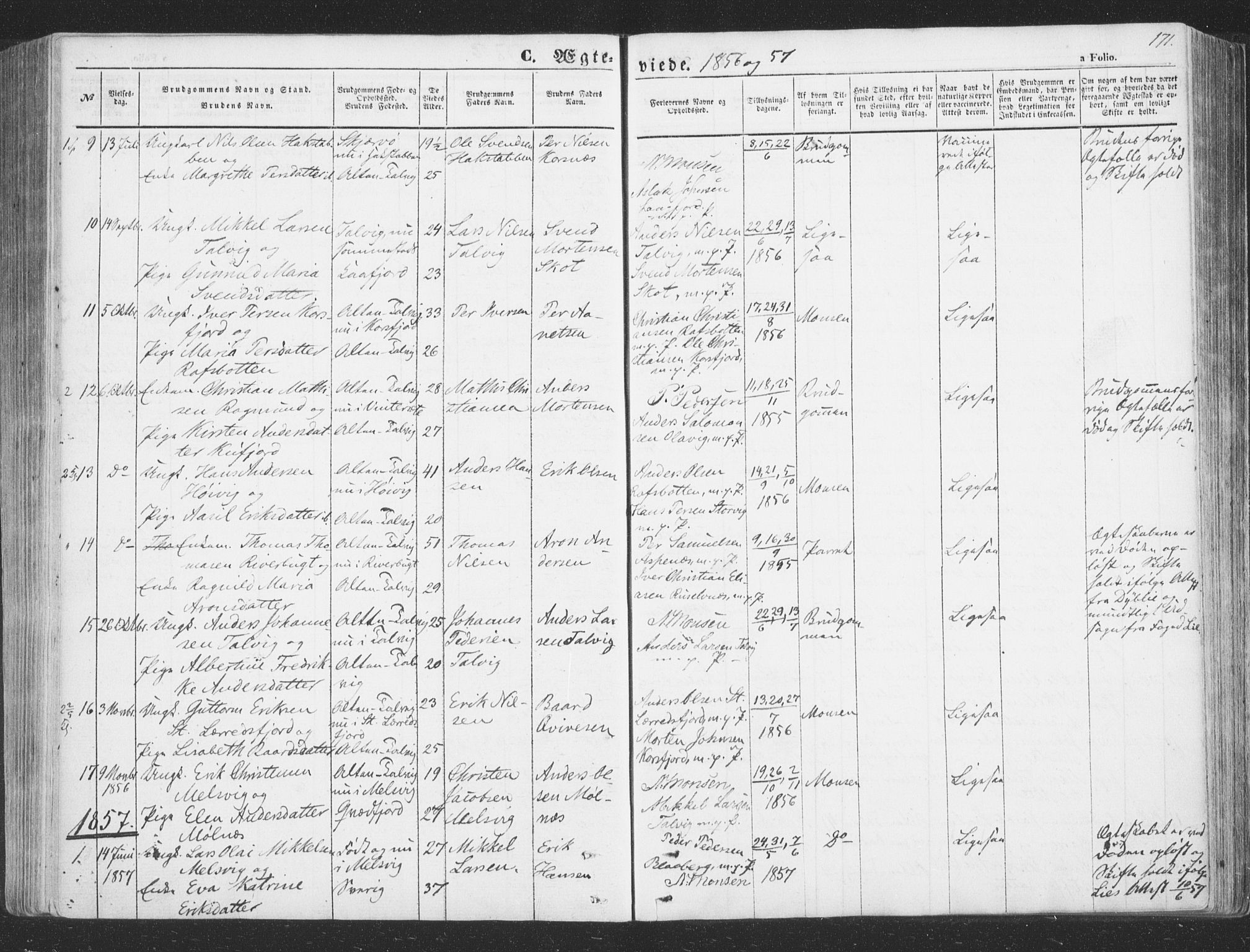 Talvik sokneprestkontor, SATØ/S-1337/H/Ha/L0010kirke: Parish register (official) no. 10, 1852-1864, p. 171