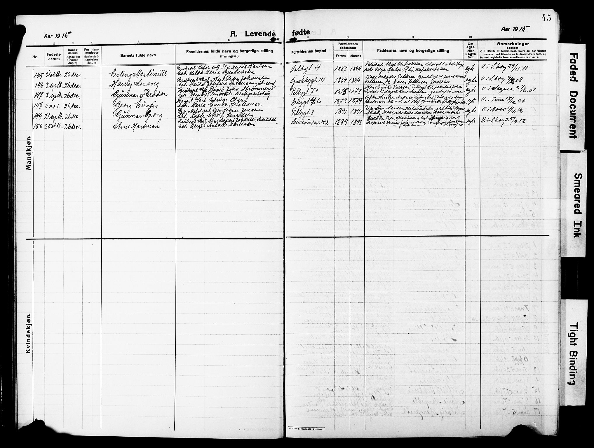 Sarpsborg prestekontor Kirkebøker, AV/SAO-A-2006/G/Ga/L0002: Parish register (copy) no. 2, 1912-1931, p. 45