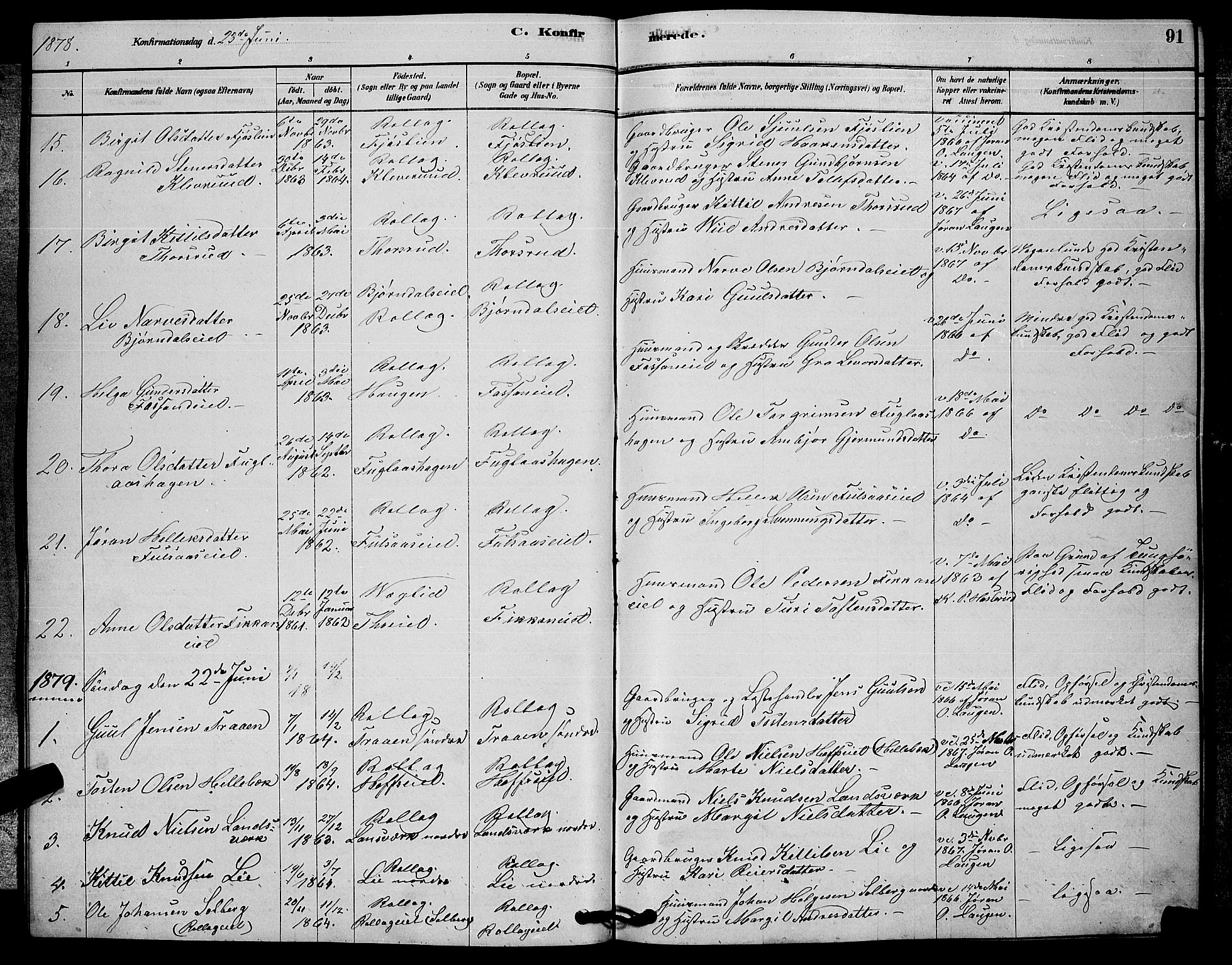 Rollag kirkebøker, SAKO/A-240/G/Ga/L0004: Parish register (copy) no. I 4, 1878-1903, p. 91