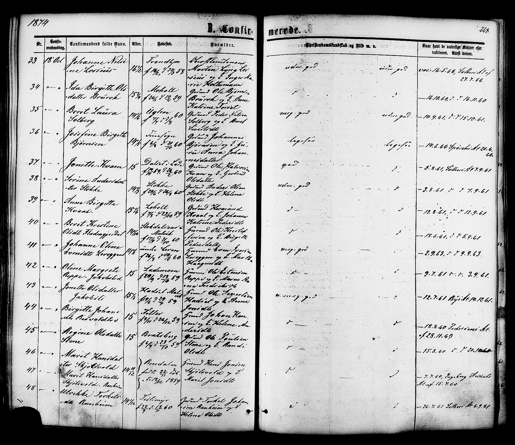 Ministerialprotokoller, klokkerbøker og fødselsregistre - Sør-Trøndelag, AV/SAT-A-1456/606/L0293: Parish register (official) no. 606A08, 1866-1877, p. 268