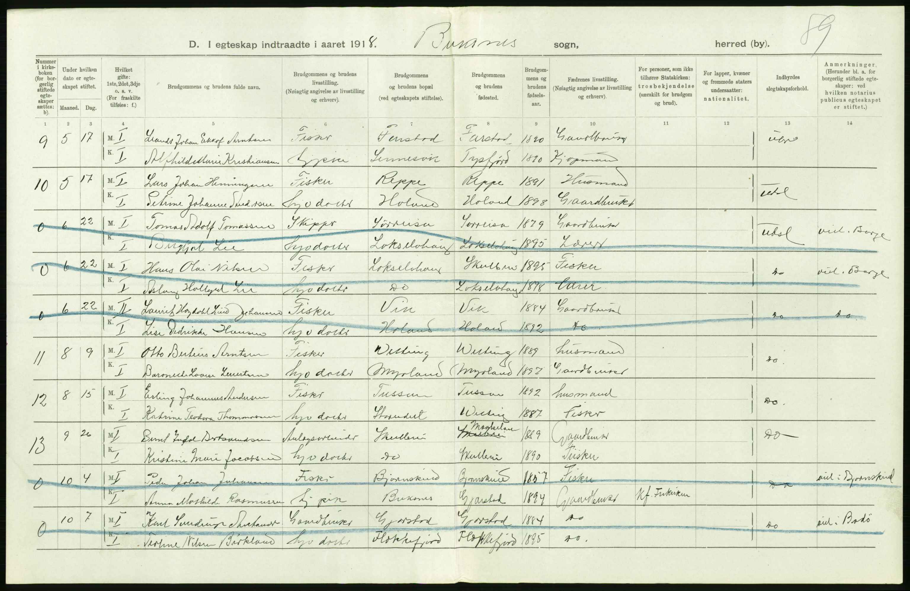 Statistisk sentralbyrå, Sosiodemografiske emner, Befolkning, AV/RA-S-2228/D/Df/Dfb/Dfbh/L0054: Nordland fylke: Gifte, dødfødte. Bygder og byer., 1918, p. 252