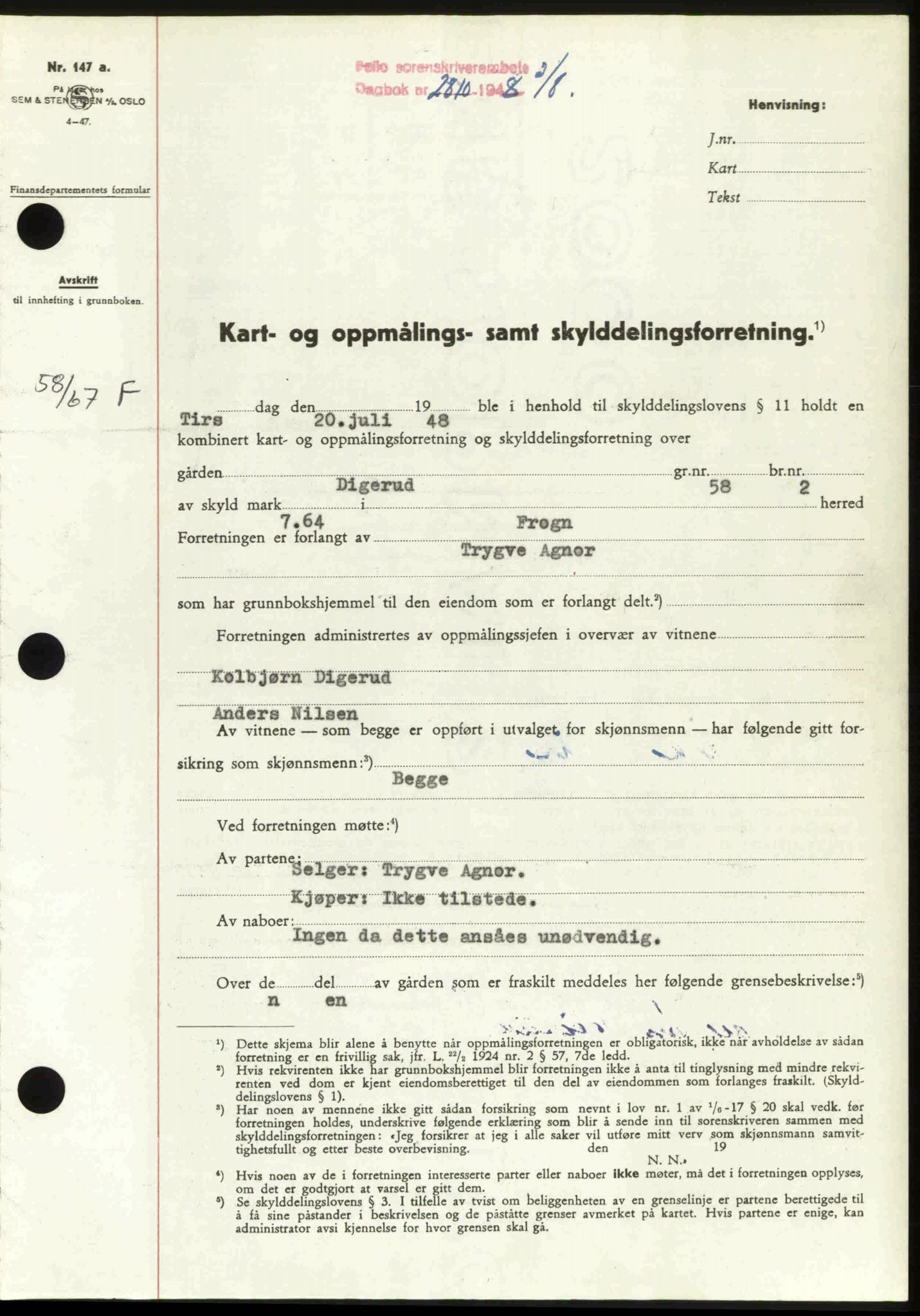 Follo sorenskriveri, SAO/A-10274/G/Ga/Gaa/L0085: Mortgage book no. I 85, 1948-1948, Diary no: : 2810/1948