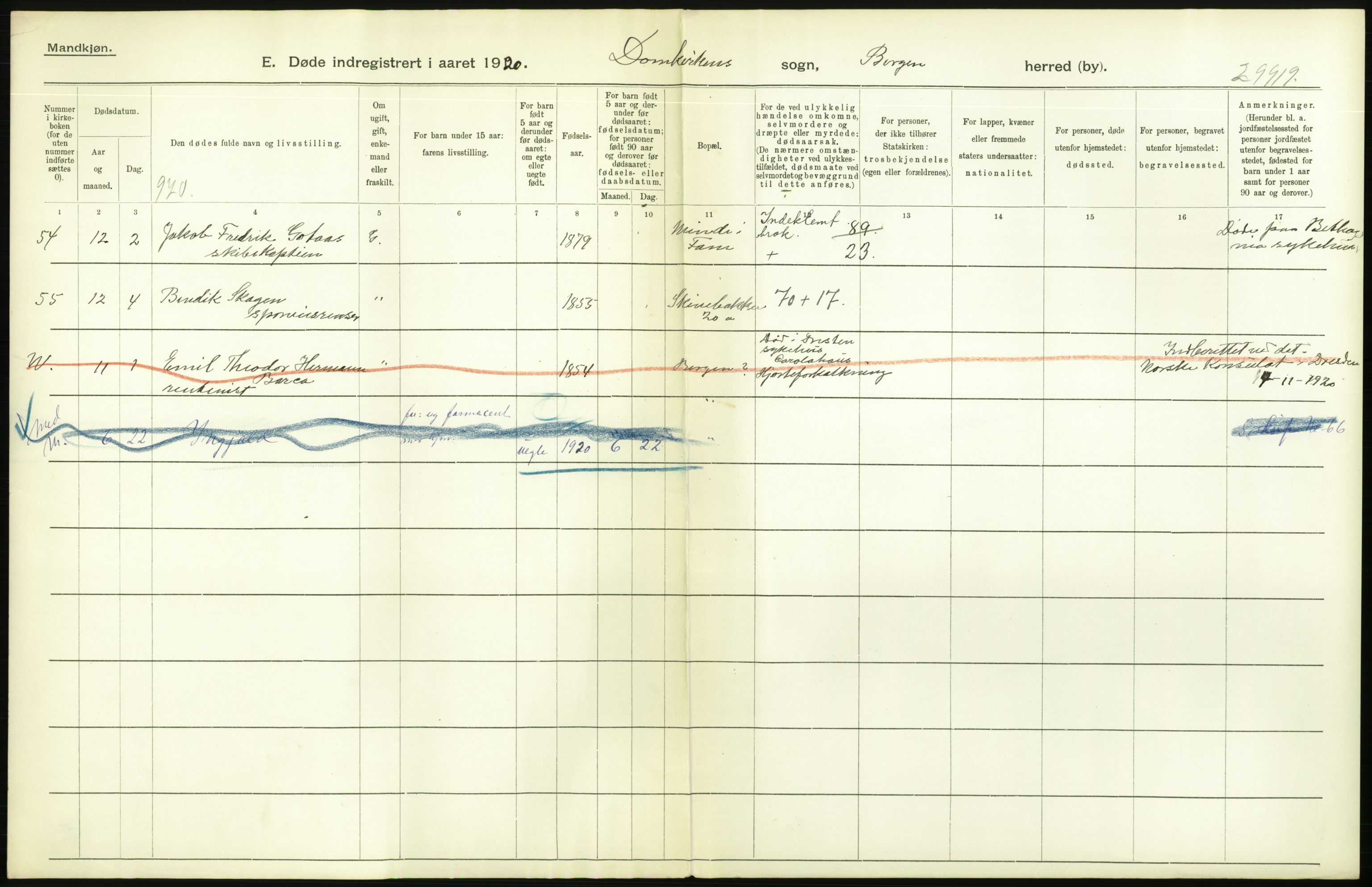 Statistisk sentralbyrå, Sosiodemografiske emner, Befolkning, AV/RA-S-2228/D/Df/Dfb/Dfbj/L0042: Bergen: Gifte, døde, dødfødte., 1920, p. 642