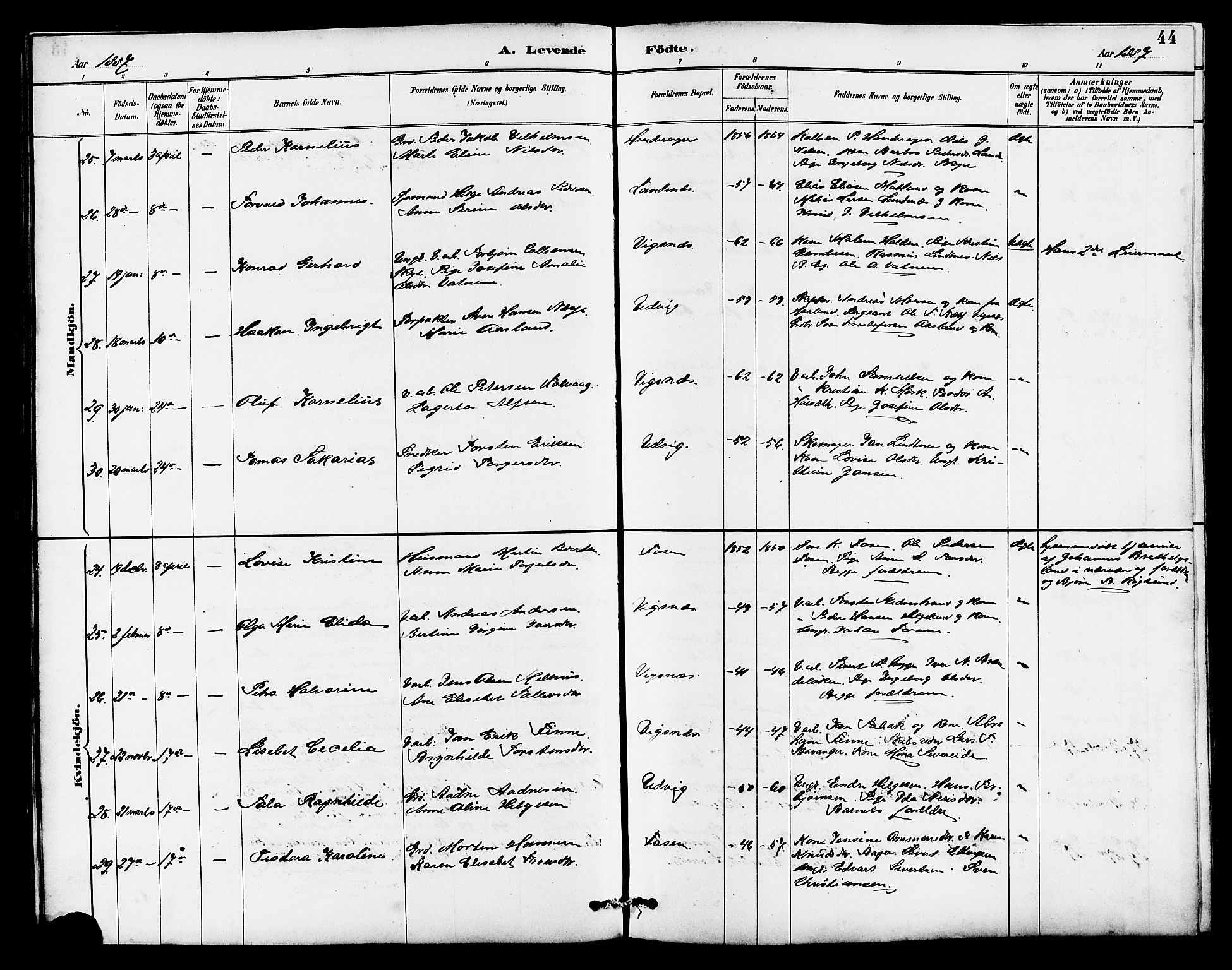 Avaldsnes sokneprestkontor, AV/SAST-A -101851/H/Ha/Hab/L0007: Parish register (copy) no. B 7, 1885-1909, p. 44