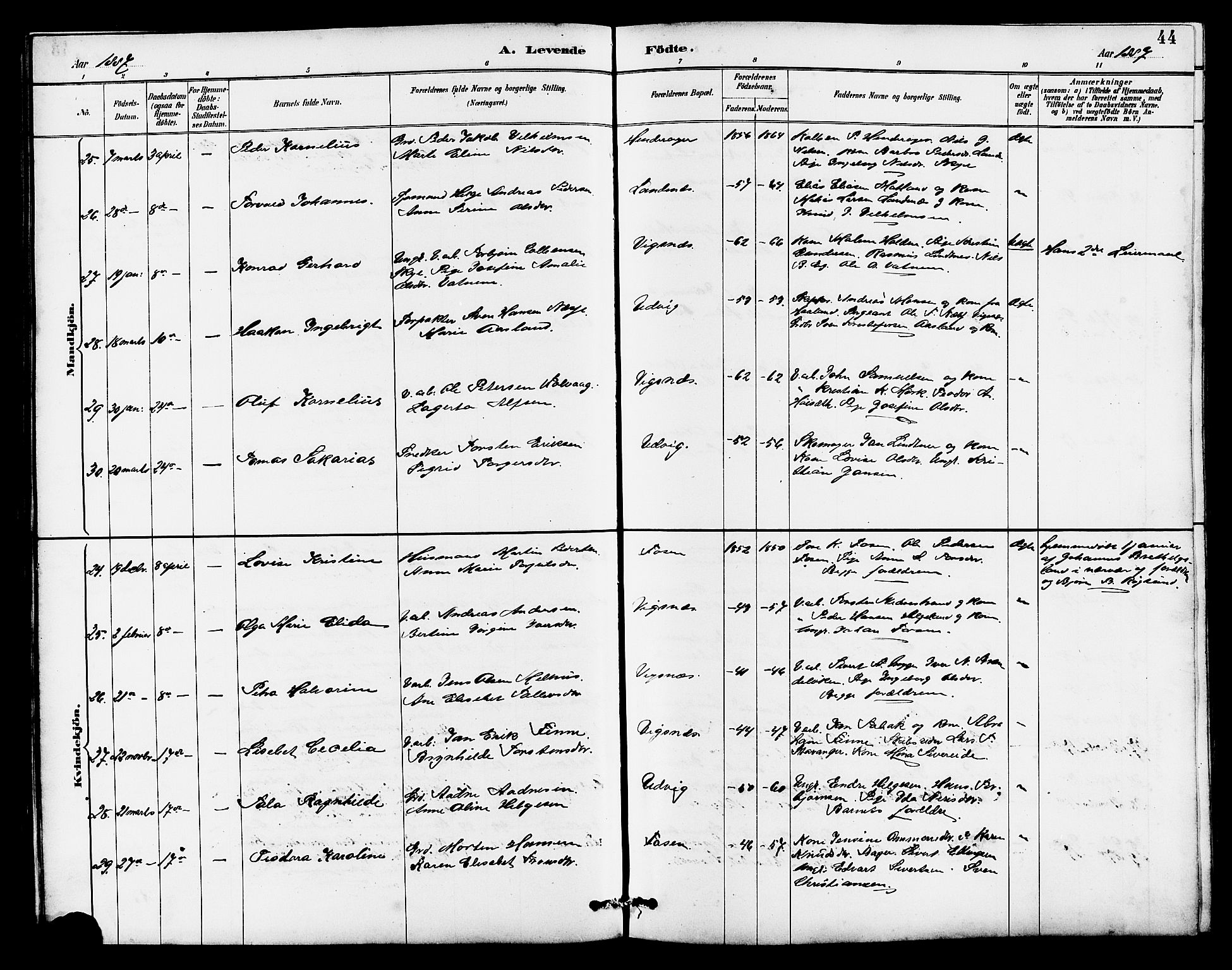 Avaldsnes sokneprestkontor, SAST/A -101851/H/Ha/Hab/L0007: Parish register (copy) no. B 7, 1885-1909, p. 44