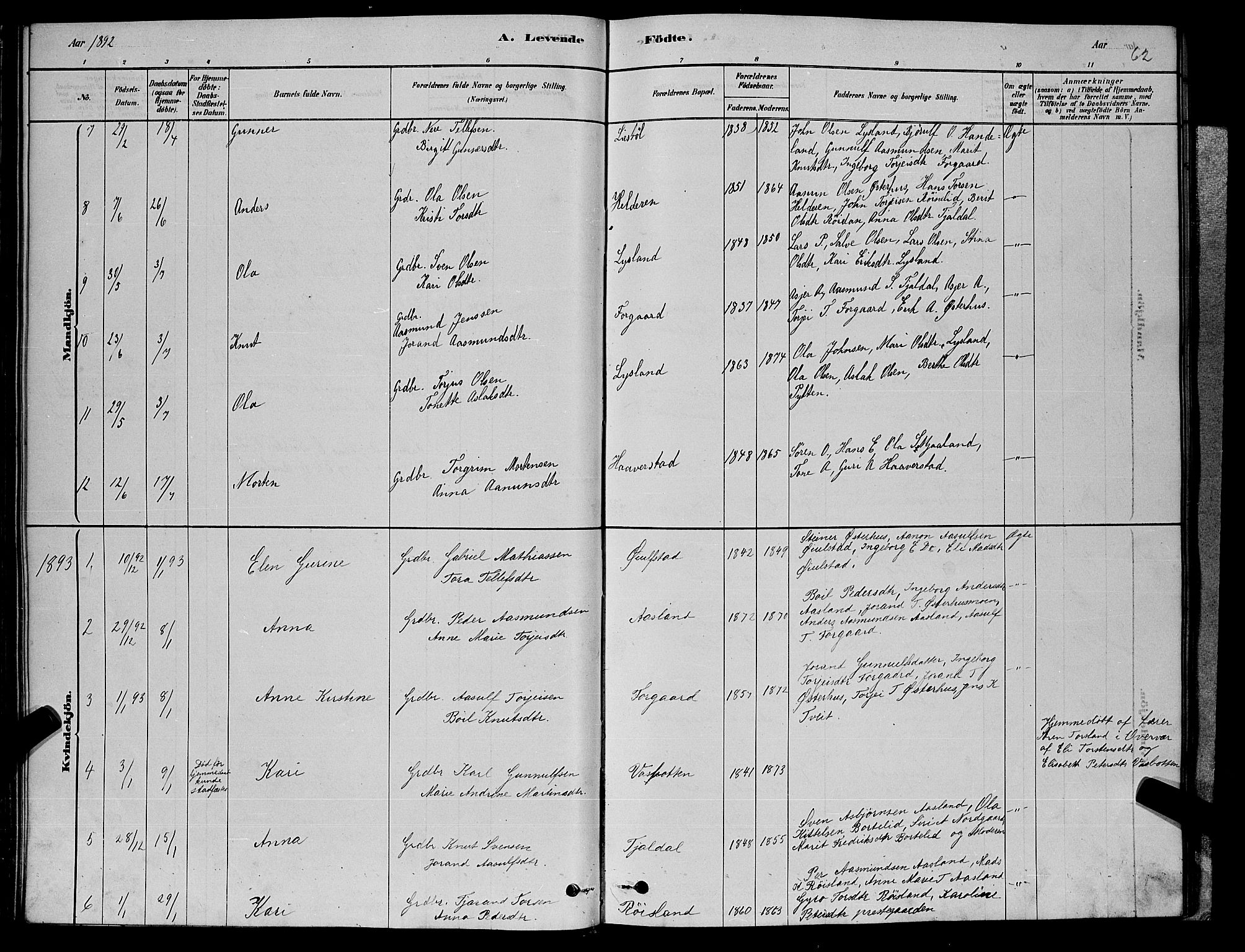 Åseral sokneprestkontor, AV/SAK-1111-0051/F/Fb/L0002: Parish register (copy) no. B 2, 1878-1899, p. 62