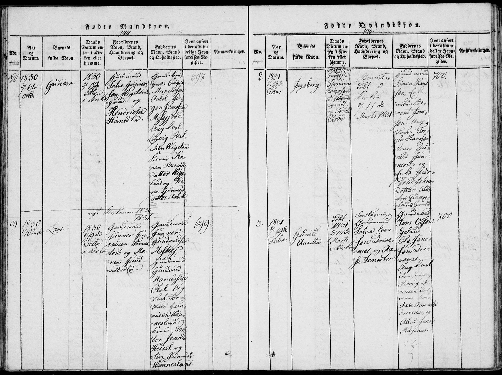 Vennesla sokneprestkontor, SAK/1111-0045/Fa/Fab/L0003: Parish register (official) no. A 3, 1820-1834, p. 144-145