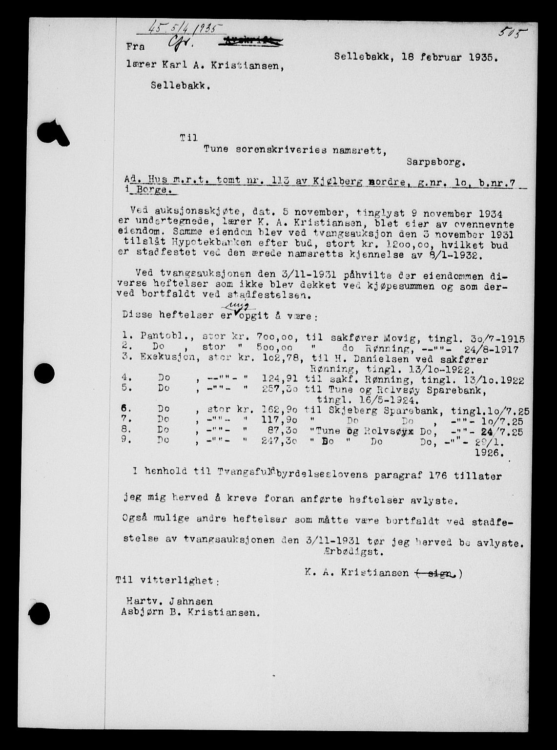 Tune sorenskriveri, SAO/A-10470/G/Gb/Gbb/L0004: Mortgage book no. II 20-24, 1933-1935, Deed date: 05.04.1935