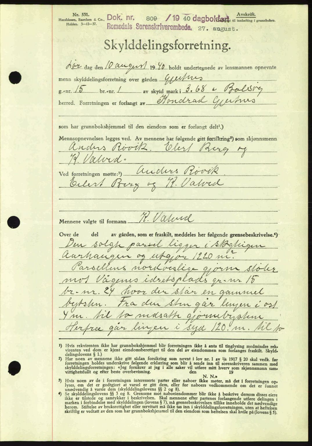 Romsdal sorenskriveri, AV/SAT-A-4149/1/2/2C: Mortgage book no. A8, 1939-1940, Diary no: : 809/1940