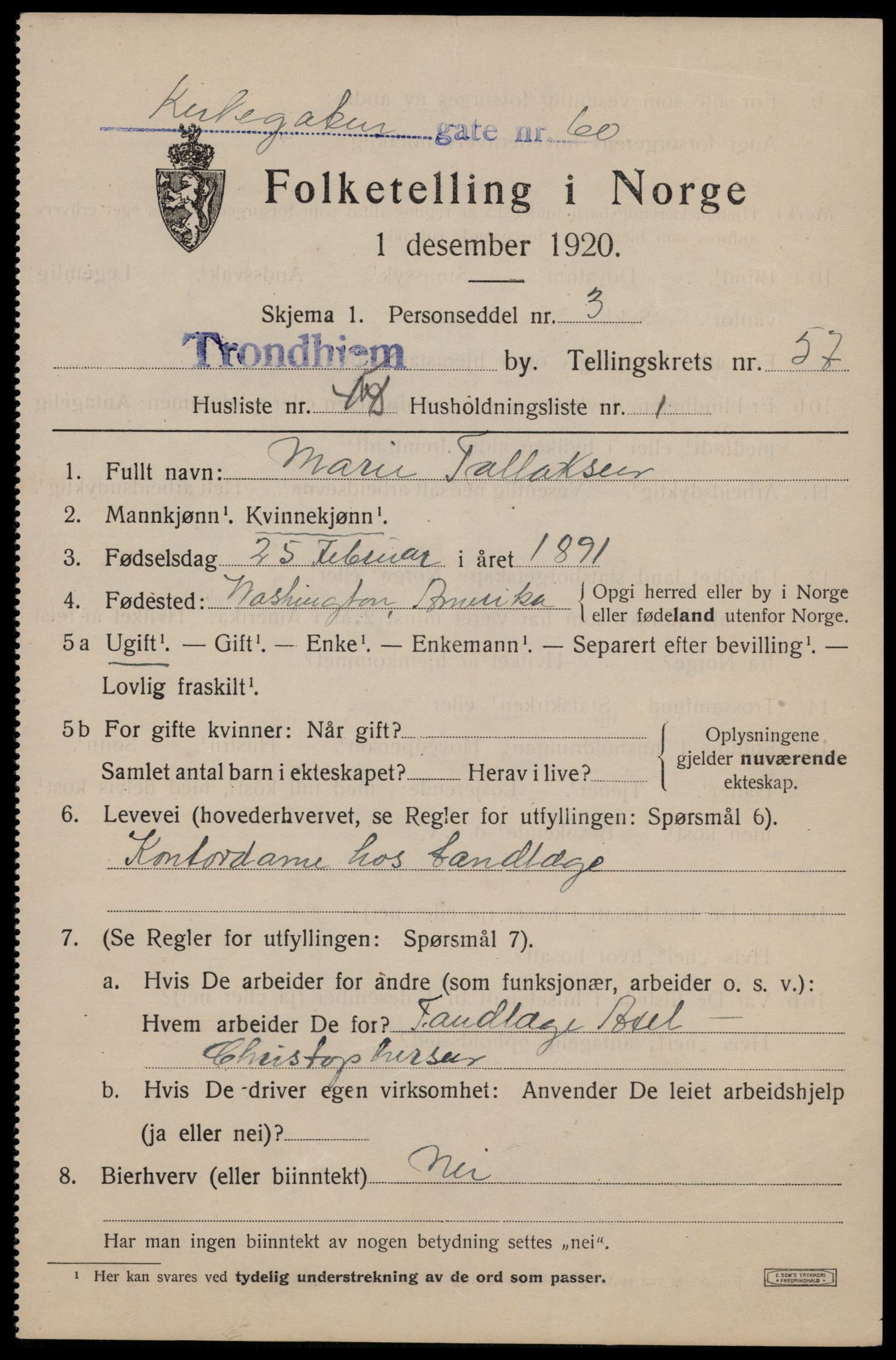 SAT, 1920 census for Trondheim, 1920, p. 117446