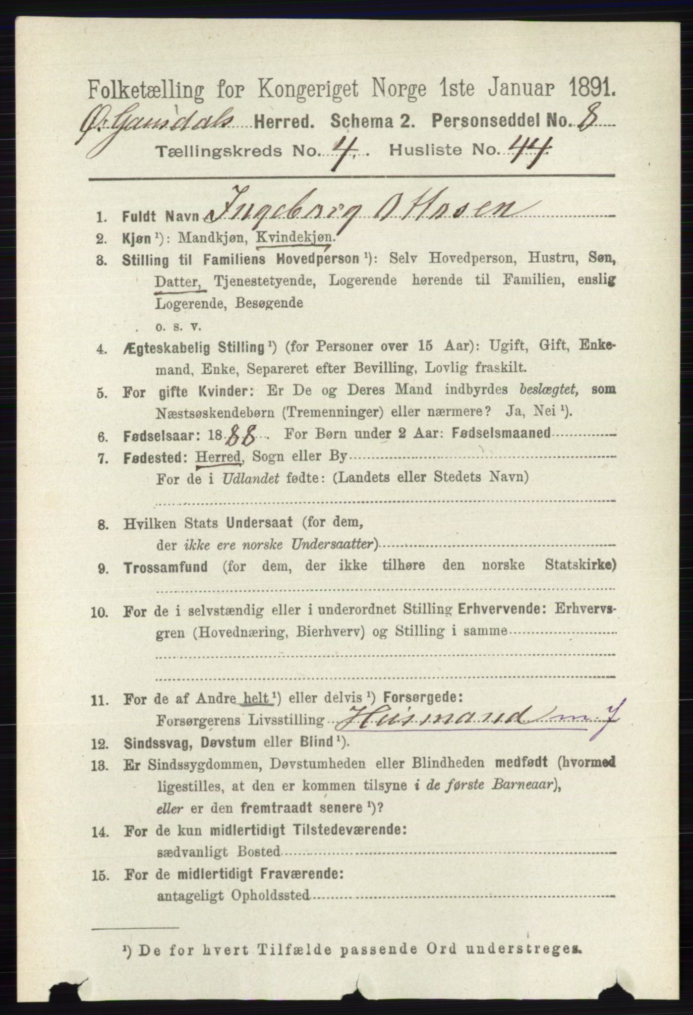 RA, 1891 census for 0522 Østre Gausdal, 1891, p. 2799