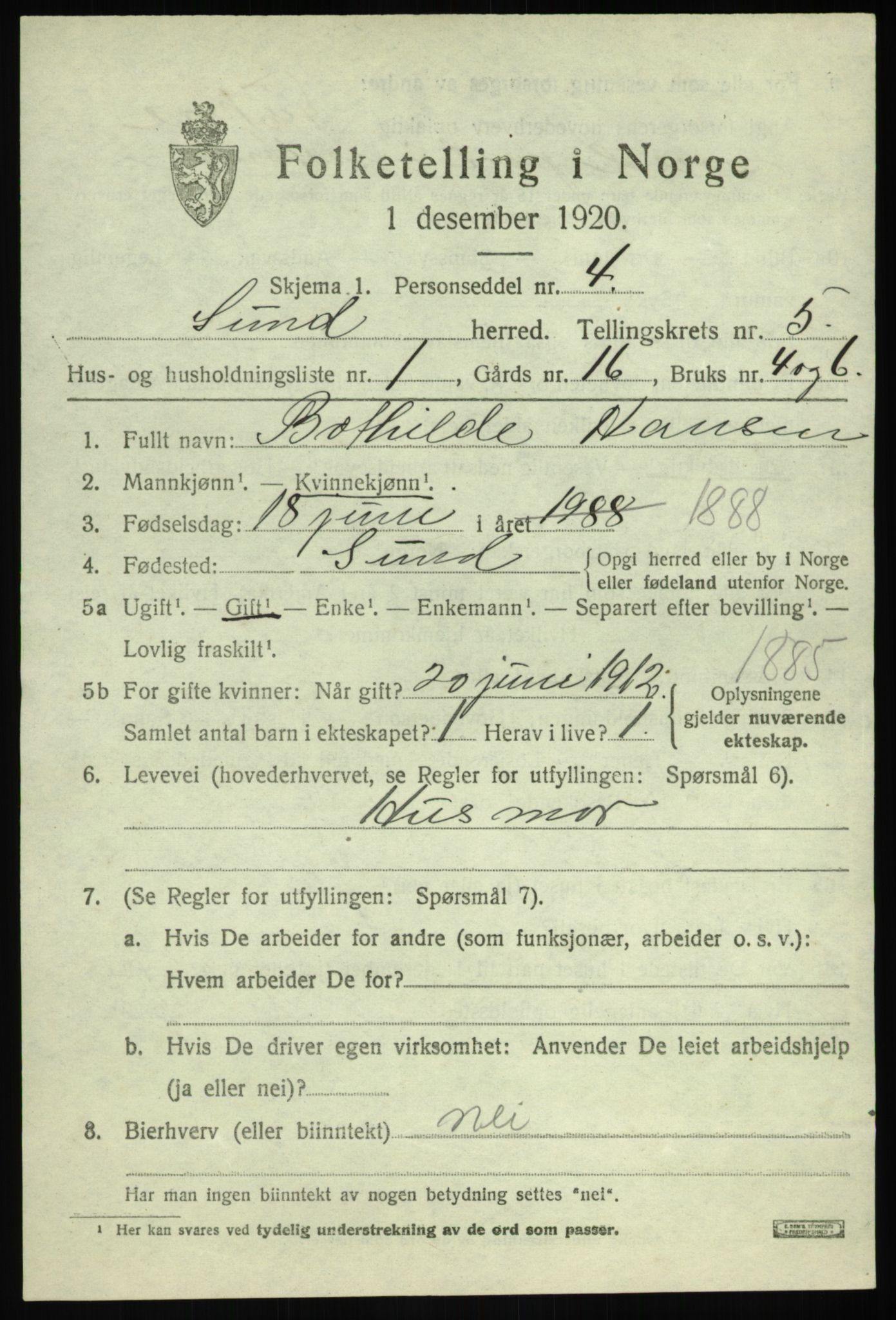 SAB, 1920 census for Sund, 1920, p. 3099