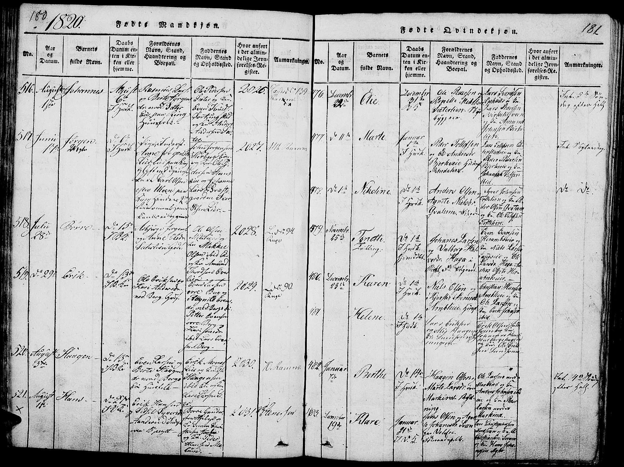 Ringsaker prestekontor, AV/SAH-PREST-014/L/La/L0001: Parish register (copy) no. 1, 1814-1826, p. 180-181