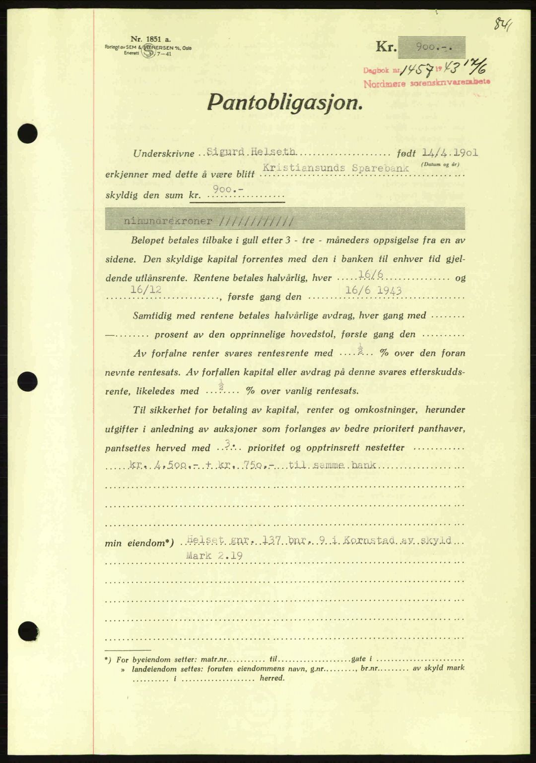 Nordmøre sorenskriveri, AV/SAT-A-4132/1/2/2Ca: Mortgage book no. B90, 1942-1943, Diary no: : 1457/1943