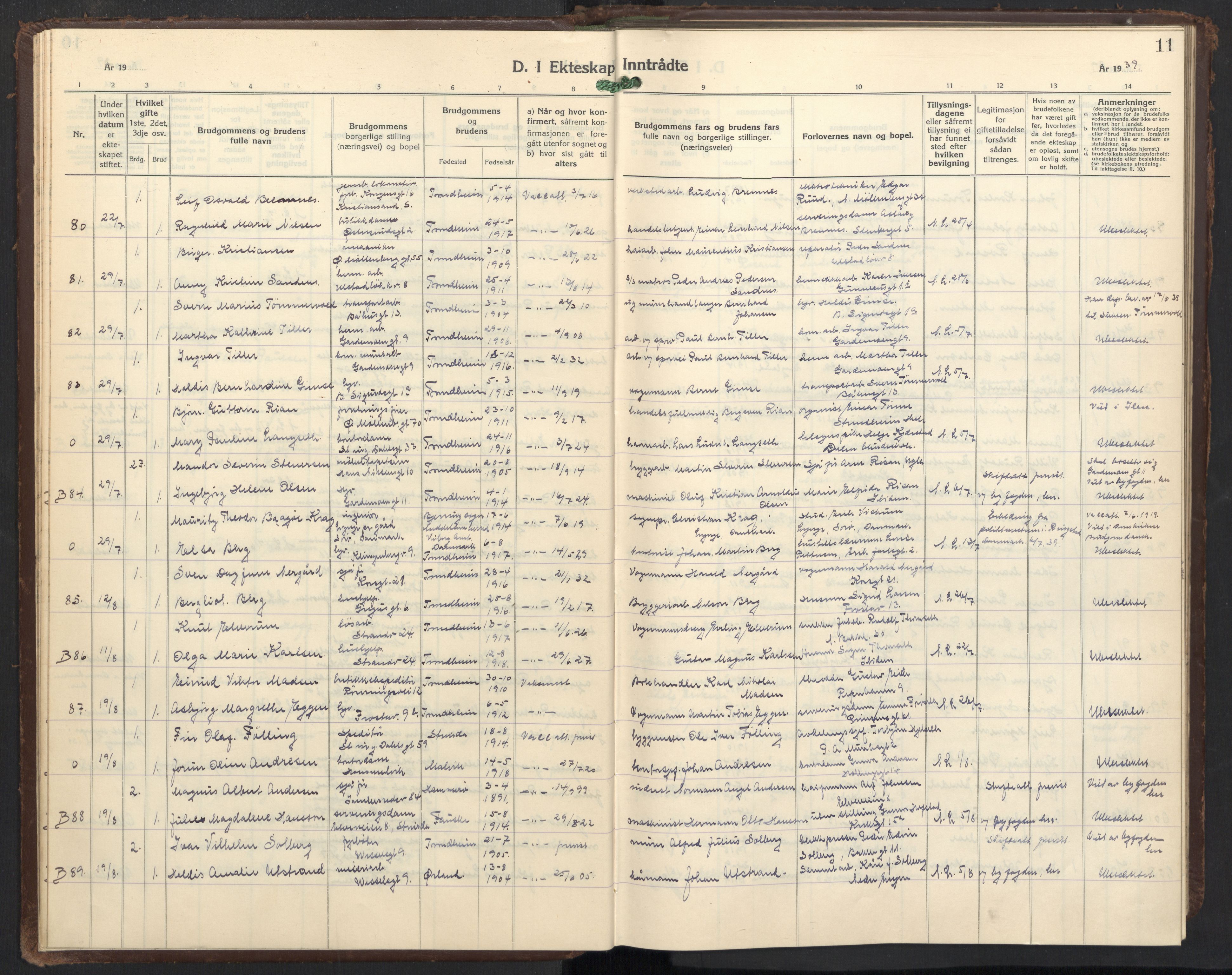 Ministerialprotokoller, klokkerbøker og fødselsregistre - Sør-Trøndelag, AV/SAT-A-1456/605/L0263: Parish register (copy) no. 605C10, 1938-1949, p. 11