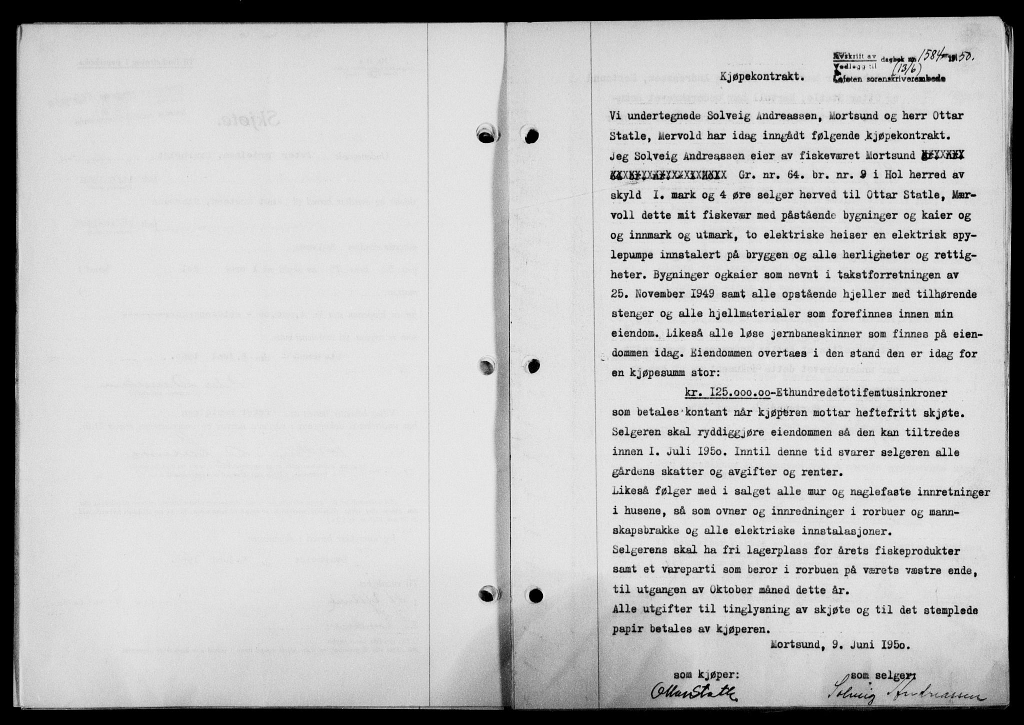 Lofoten sorenskriveri, SAT/A-0017/1/2/2C/L0023a: Mortgage book no. 23a, 1950-1950, Diary no: : 1584/1950