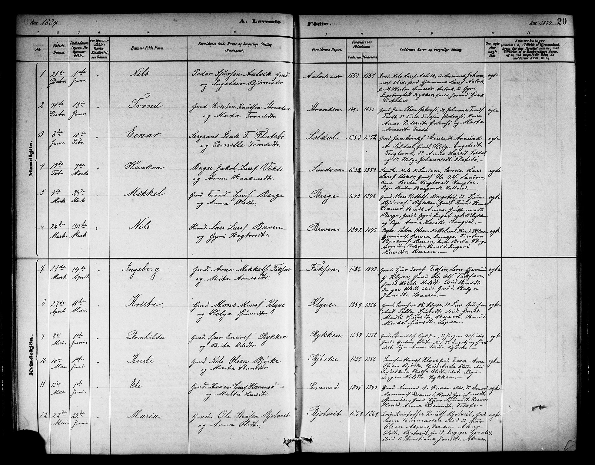 Kvam sokneprestembete, AV/SAB-A-76201/H/Hab: Parish register (copy) no. C 3, 1881-1905, p. 20