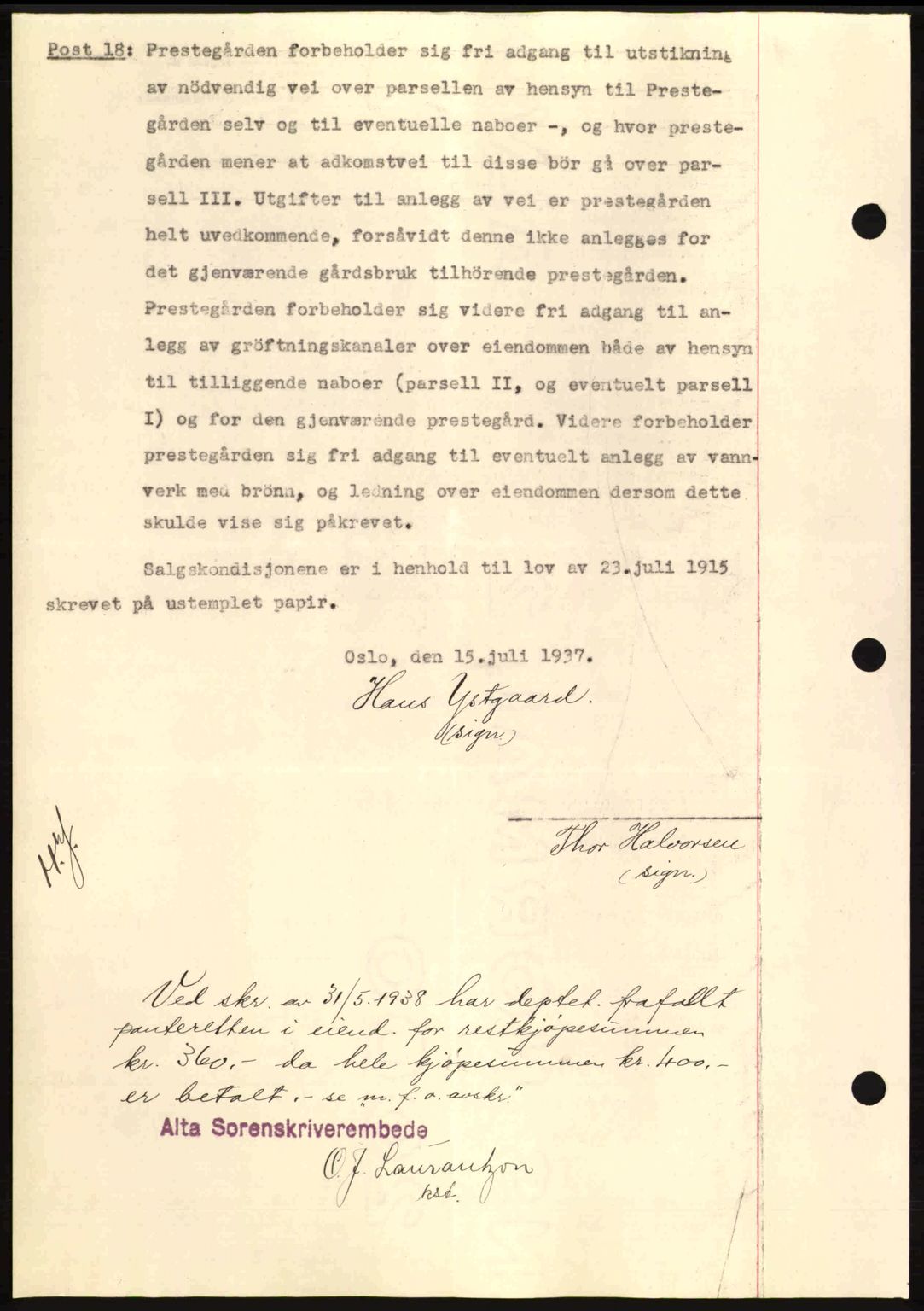 Alta fogderi/sorenskriveri, SATØ/SATØ-5/1/K/Kd/L0031pantebok: Mortgage book no. 31, 1938-1939, Diary no: : 340/1938
