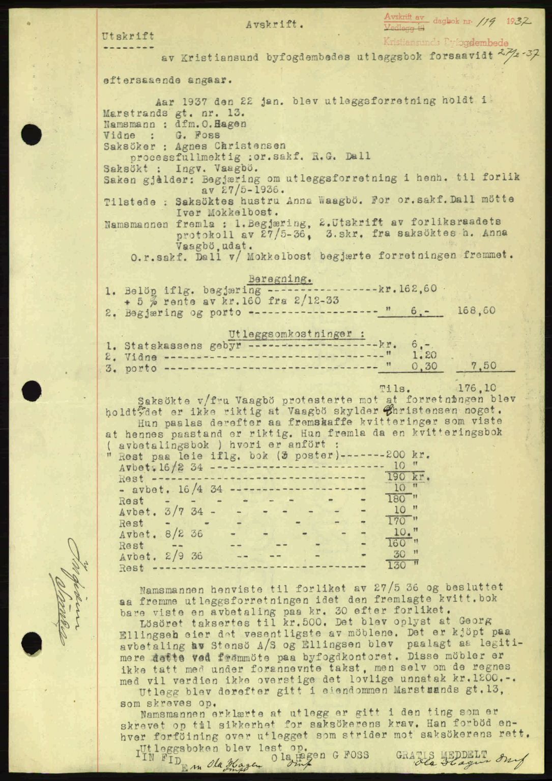 Kristiansund byfogd, AV/SAT-A-4587/A/27: Mortgage book no. 29, 1936-1937, Diary no: : 119/1937