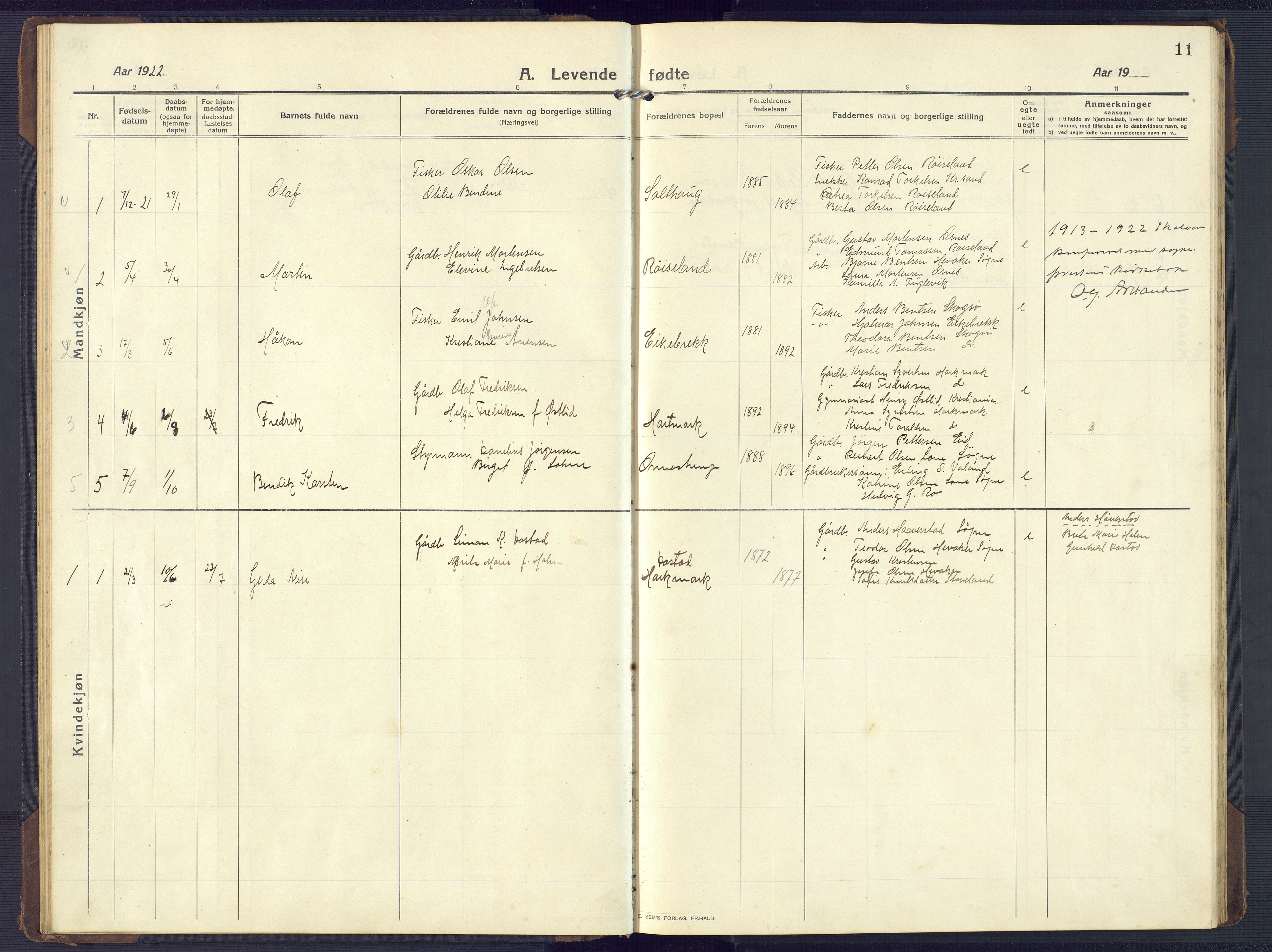 Mandal sokneprestkontor, AV/SAK-1111-0030/F/Fb/Fbb/L0005: Parish register (copy) no. B 5, 1913-1957, p. 11