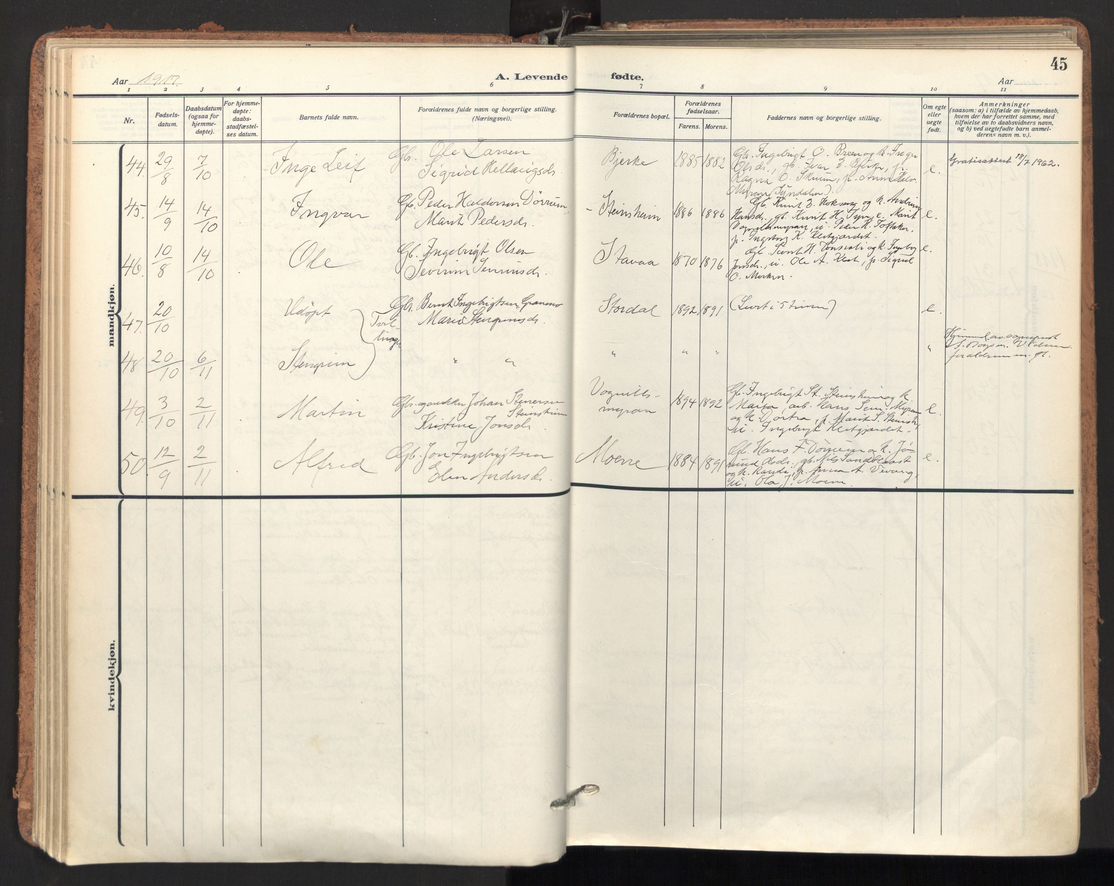 Ministerialprotokoller, klokkerbøker og fødselsregistre - Sør-Trøndelag, SAT/A-1456/678/L0909: Parish register (official) no. 678A17, 1912-1930, p. 45
